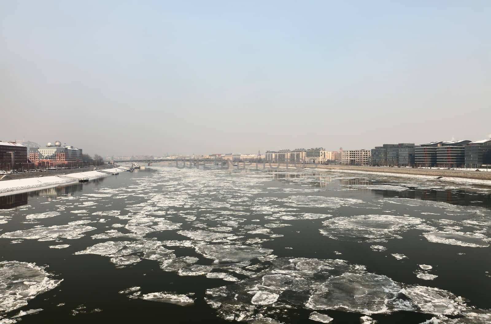 Ice sheets float on the river Danube