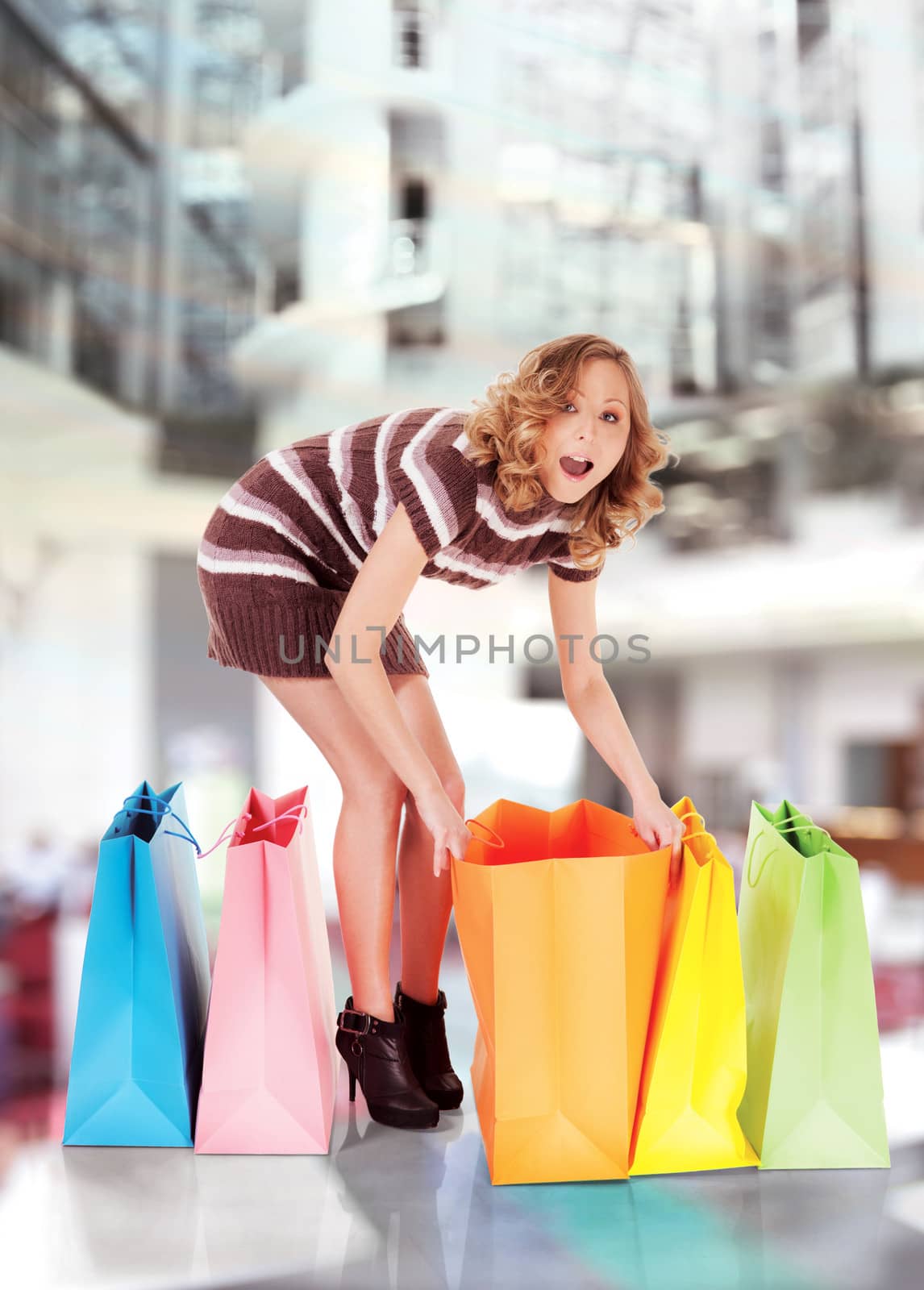 happy smiling woman shopping, background digitally added, workpath