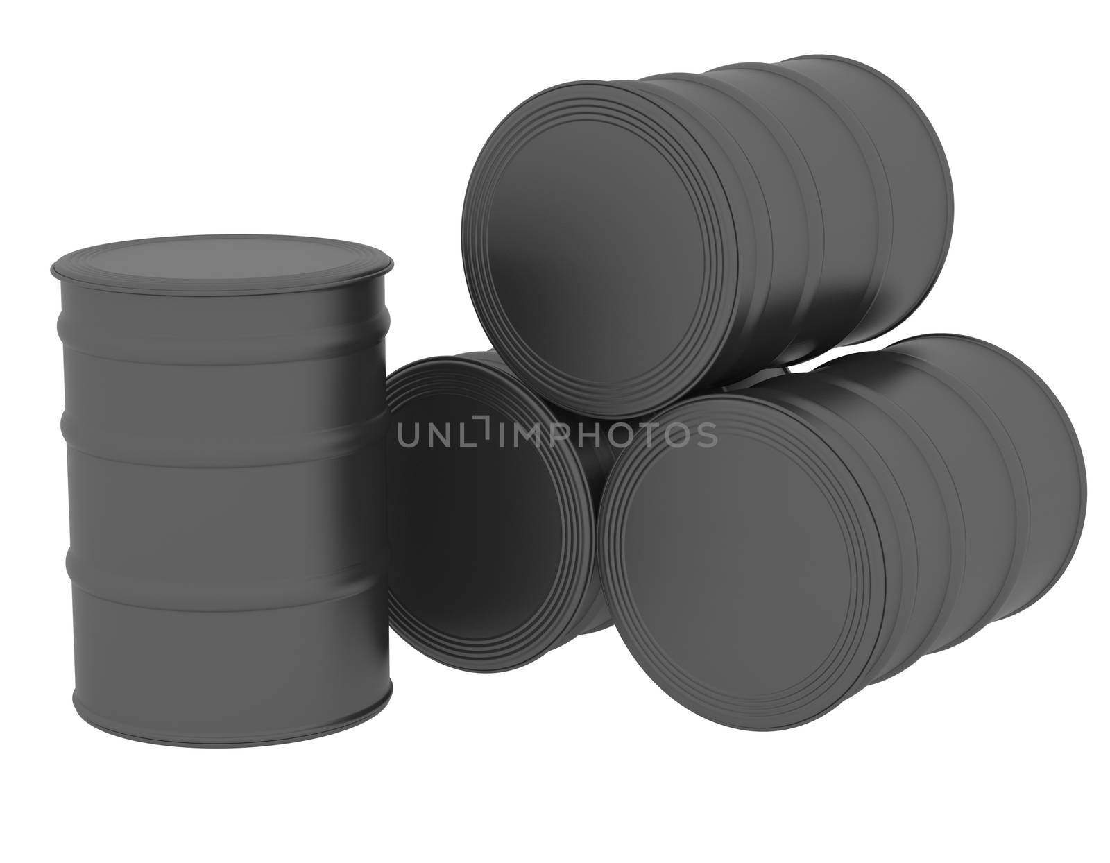 Black oil barrels. 3d render isolated on white background
