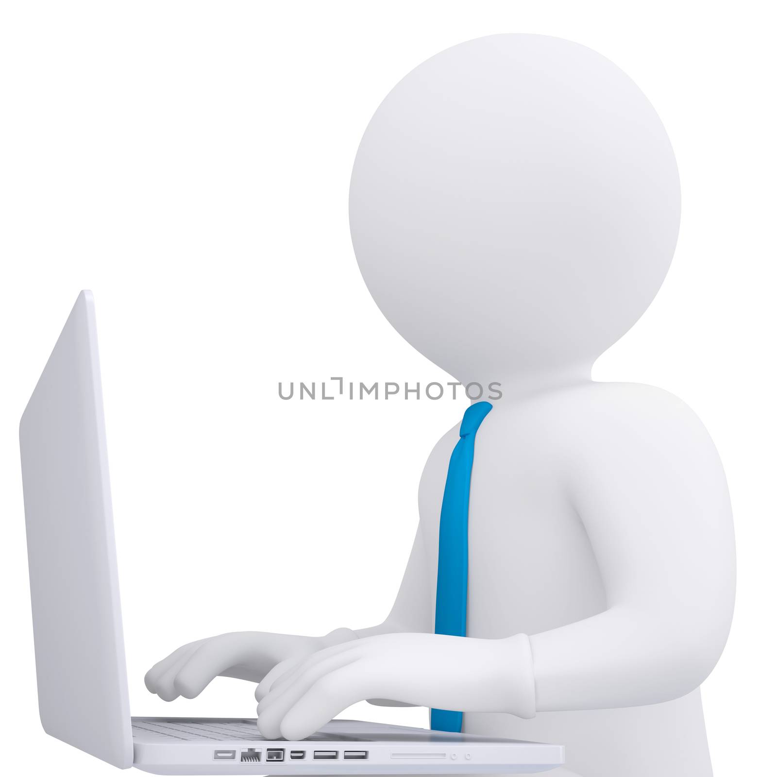 White 3d man working at his laptop. Render on white background