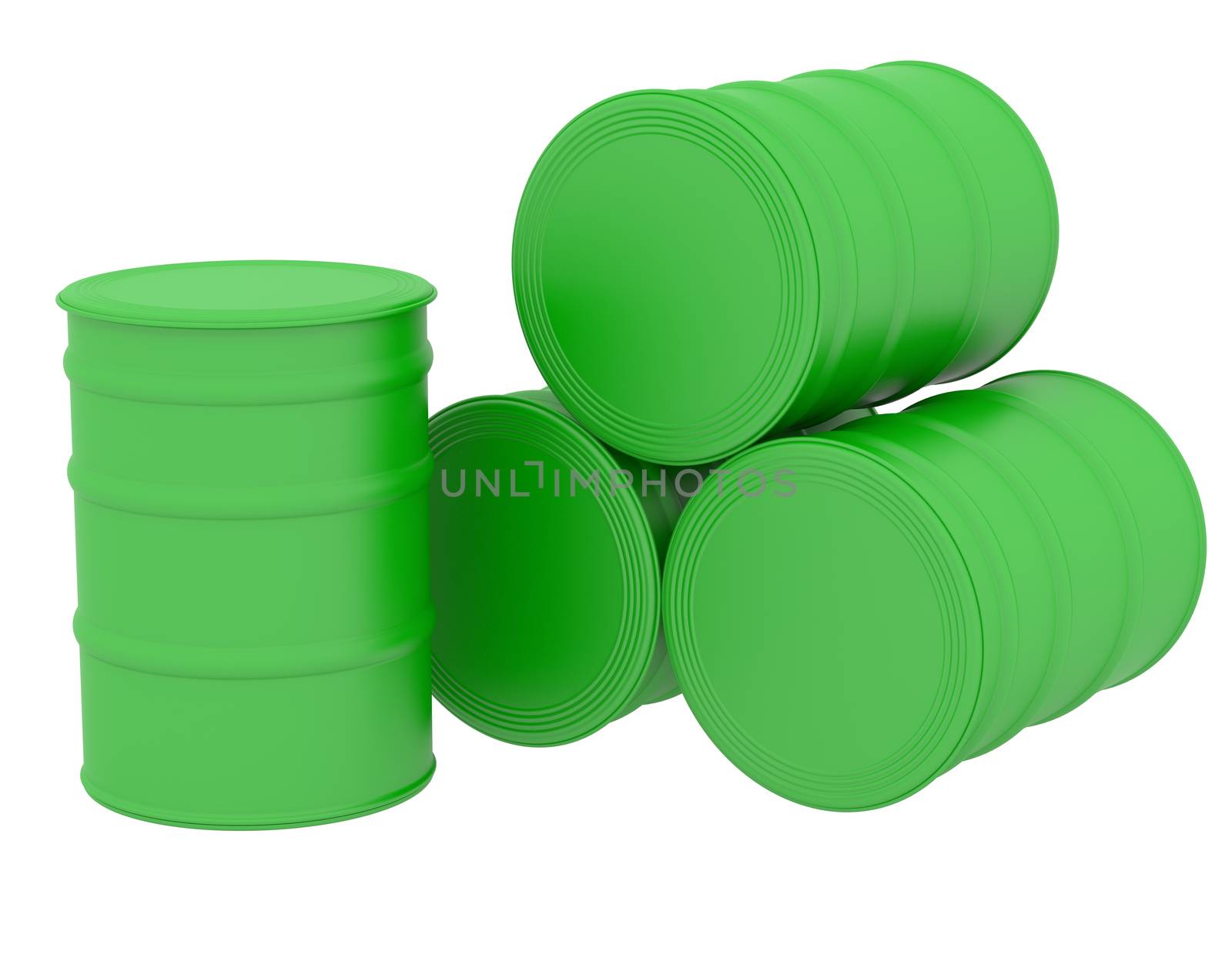 Green barrels natural fuel. 3d render isolated on white background