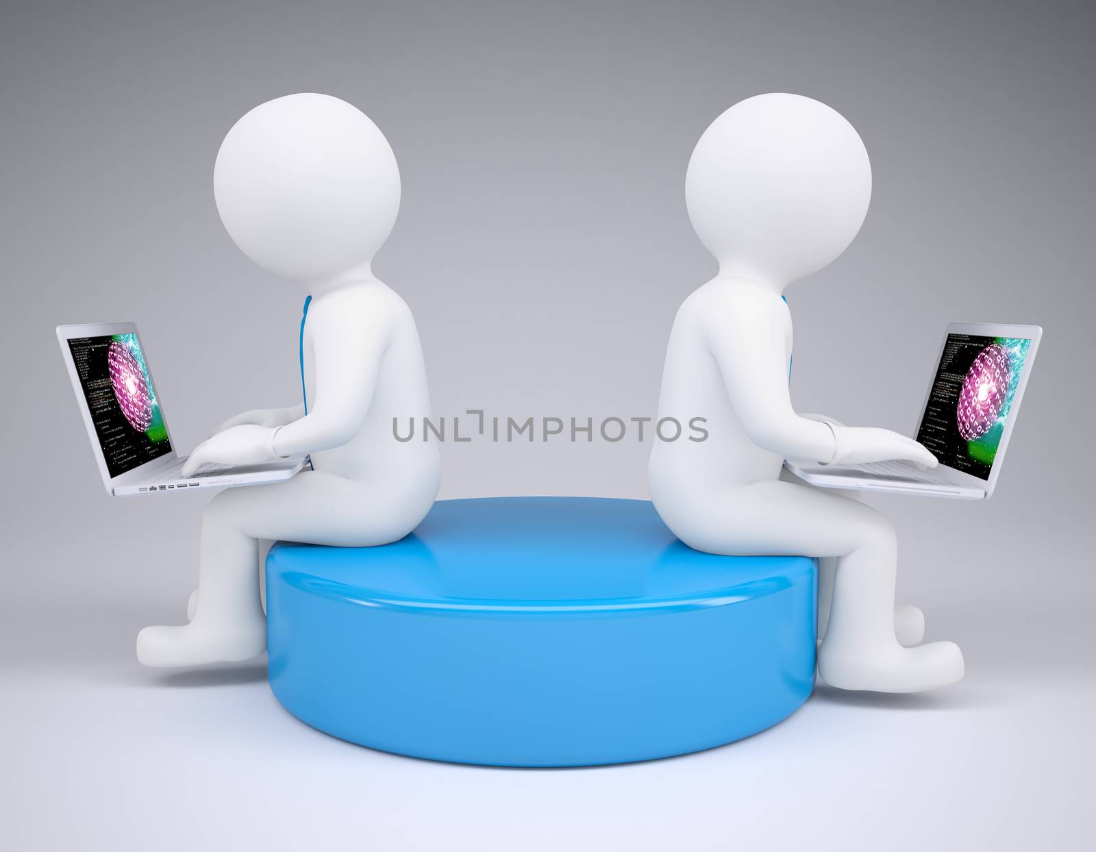 Two white 3d man sitting at laptops. Render on a gray background