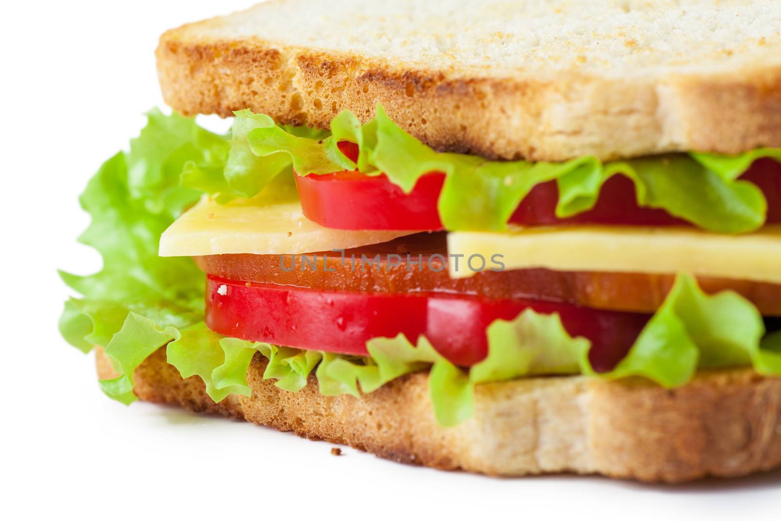 Single sandwich with fresh cheese, salad and meat isolated over white background