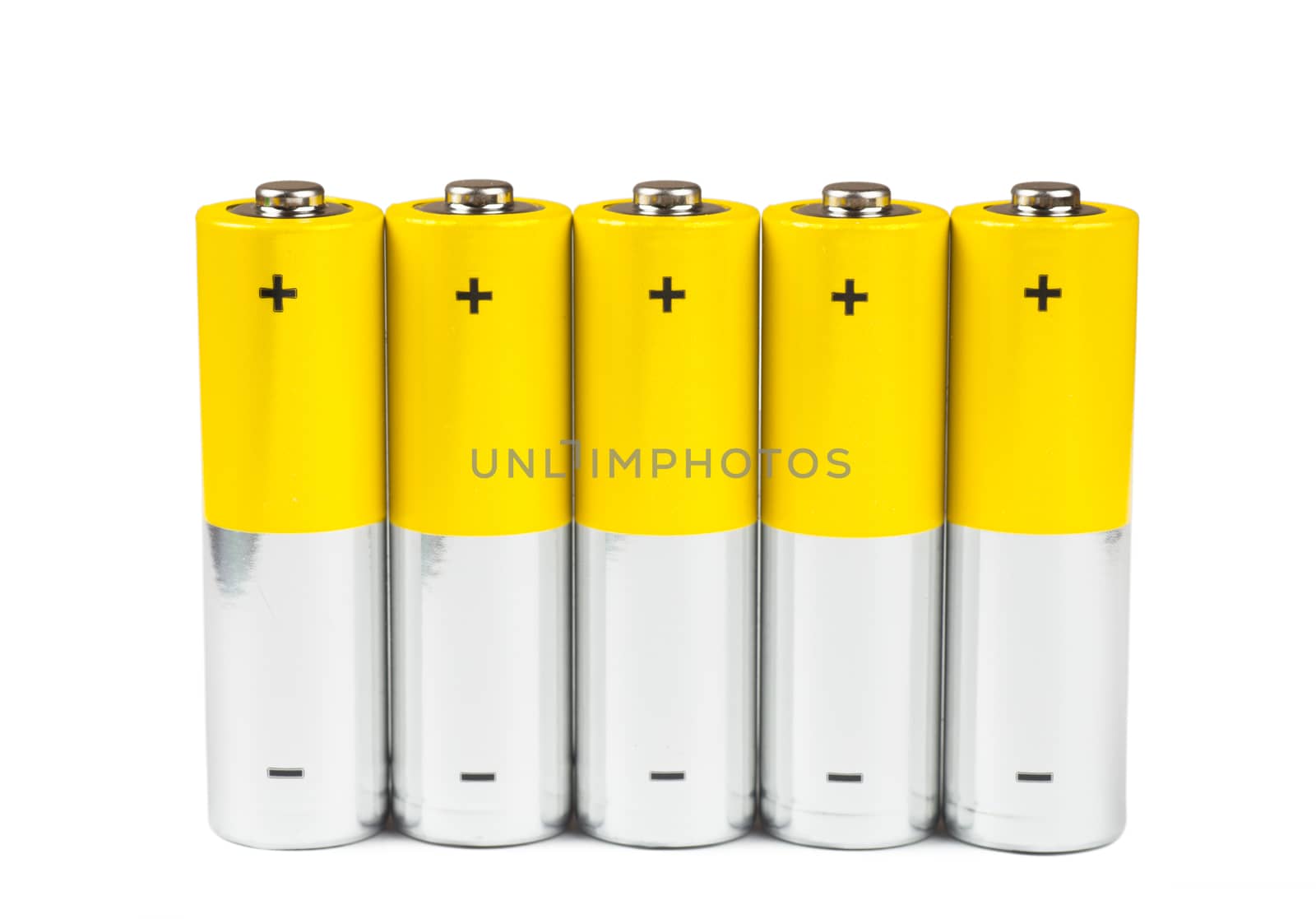 A row of yellow batteries isolated over white background