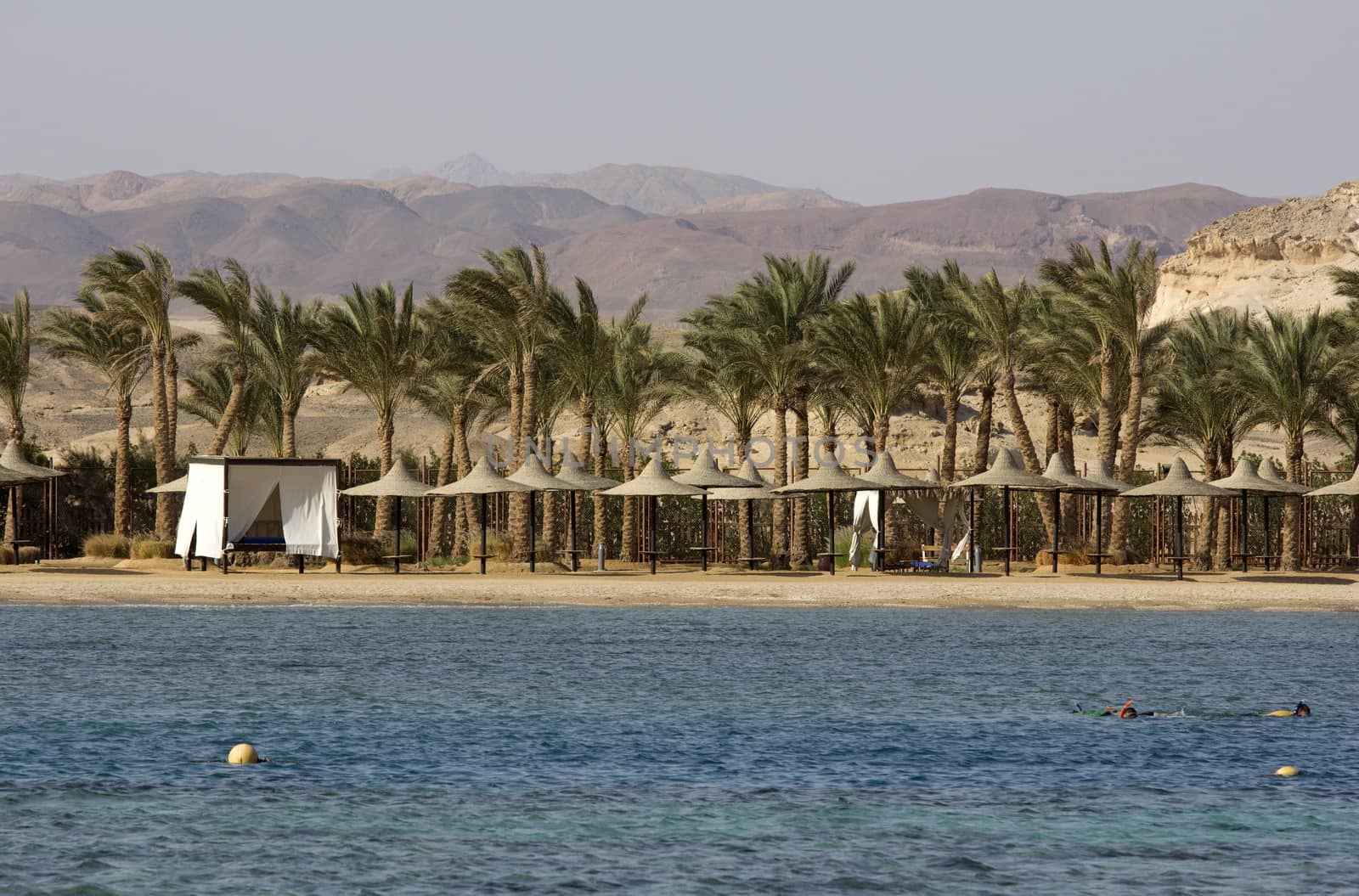 Mountains in a desert with sea and beach in the foreground 