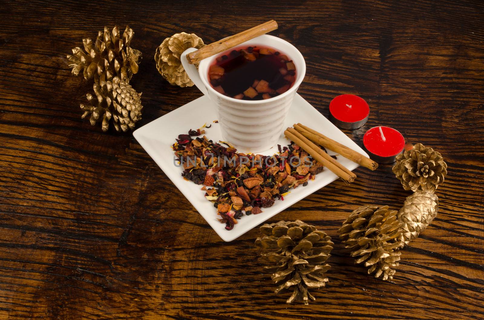 Hot drink in a still life with Christmas decoration