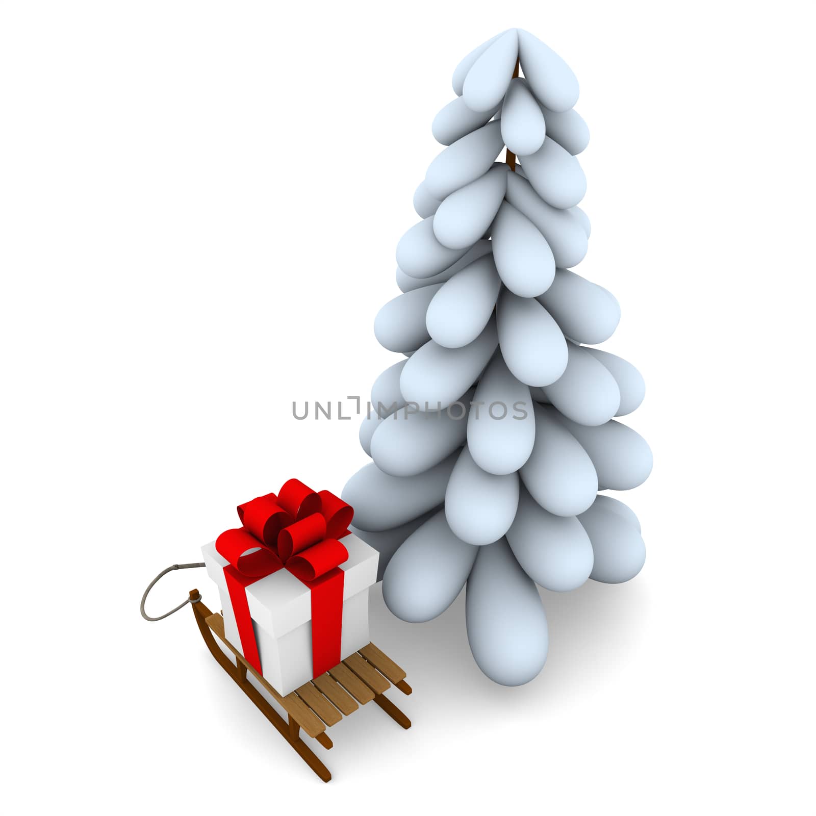 White christmas tree and sledge with christmas present isolated on white background