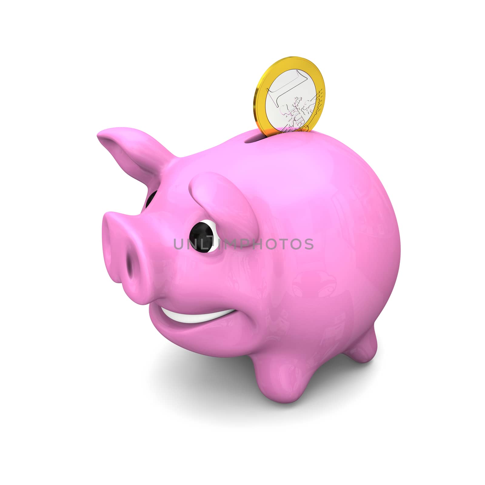 Euro coin falling into ceramic piggy bank, concept of savings and investments, isolated on white background