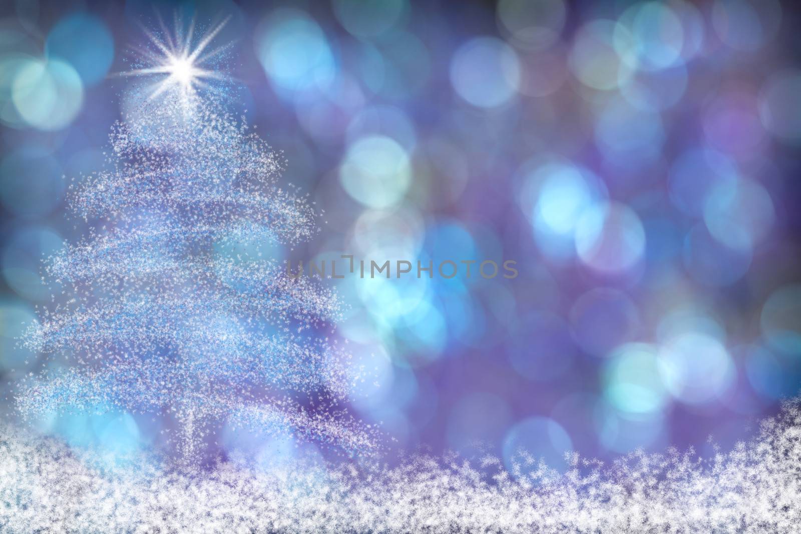 Beautiful Blue Purple Aqua Christmas Tree Background with Snow and Stars