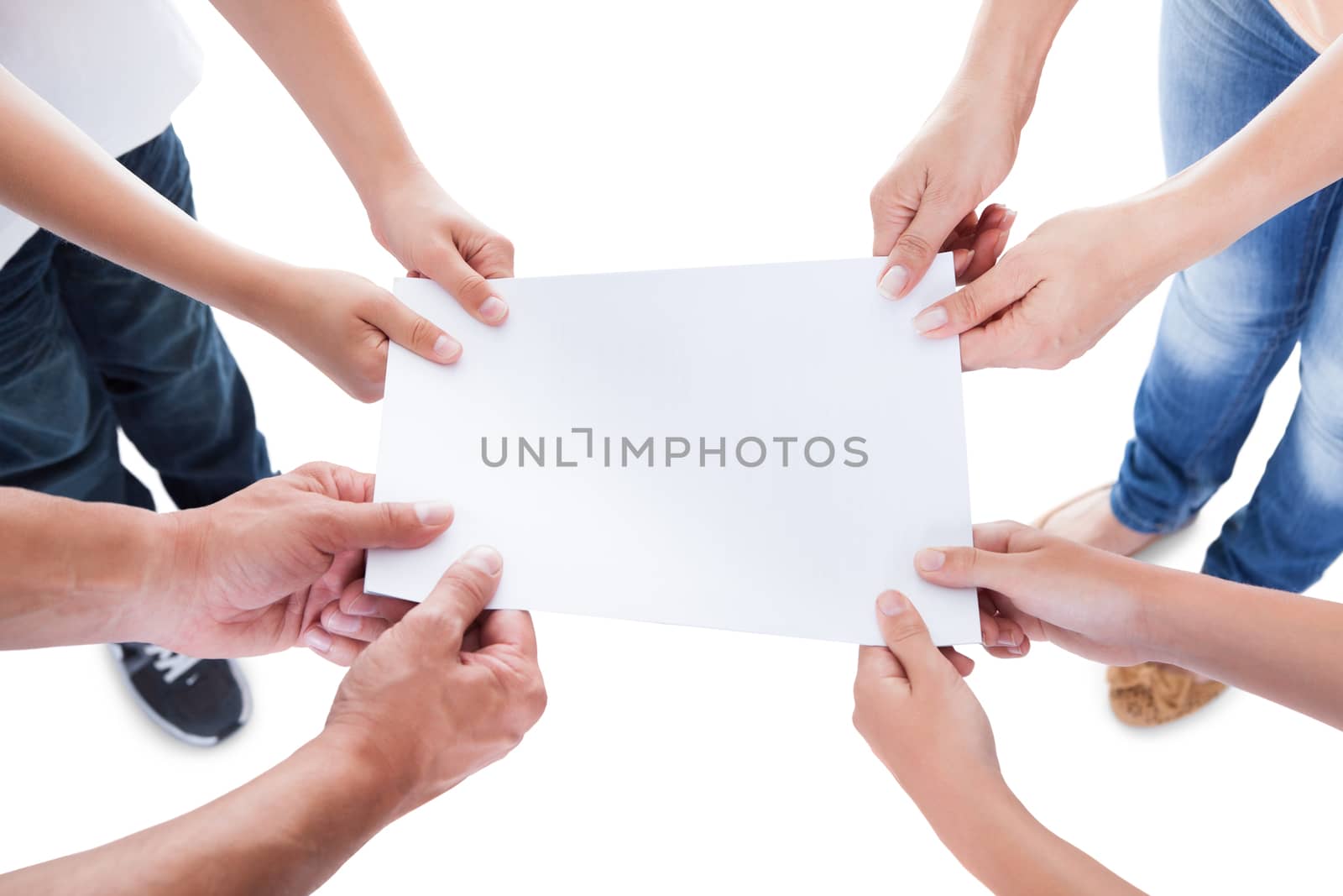 Elevated View Of Family With Two Children Holding Blank Paper Isolated On White Background