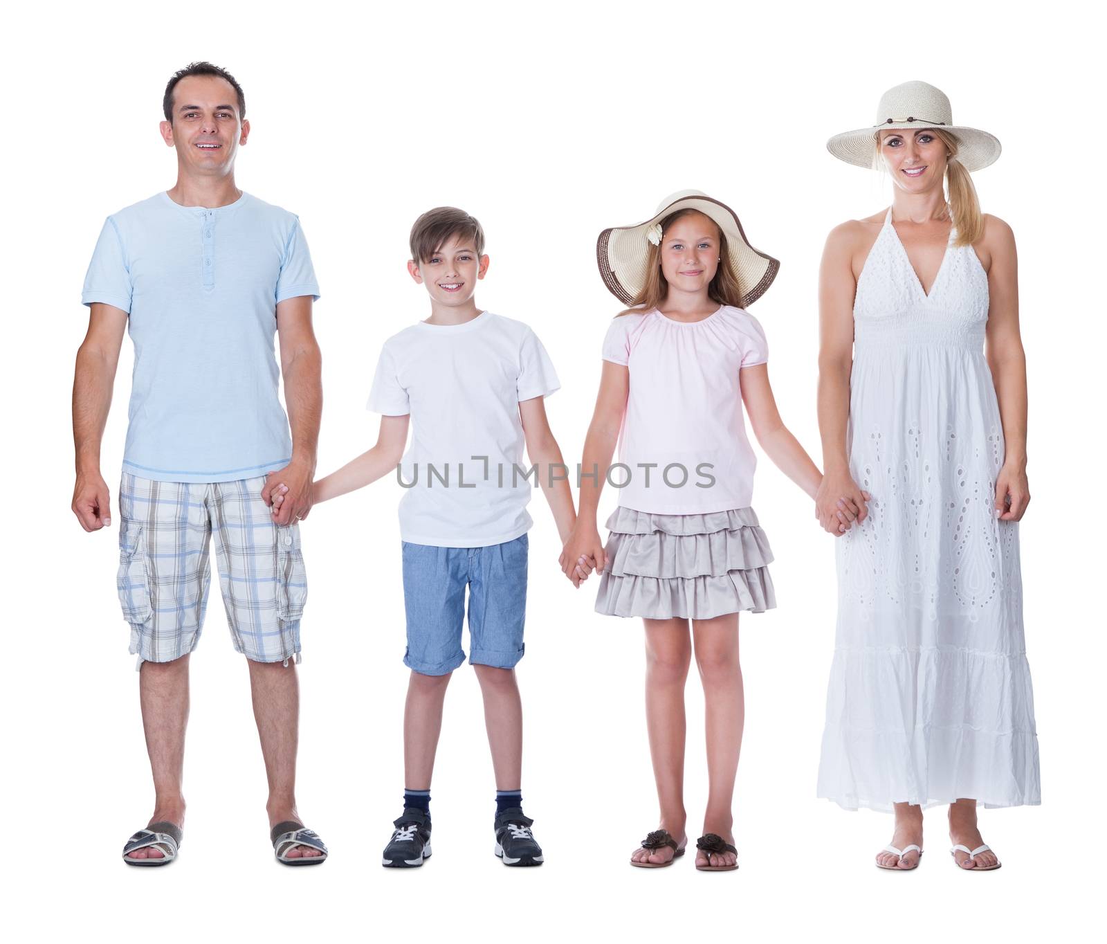 A Happy Family With Two Children Going For Vacation Isolated On White Background