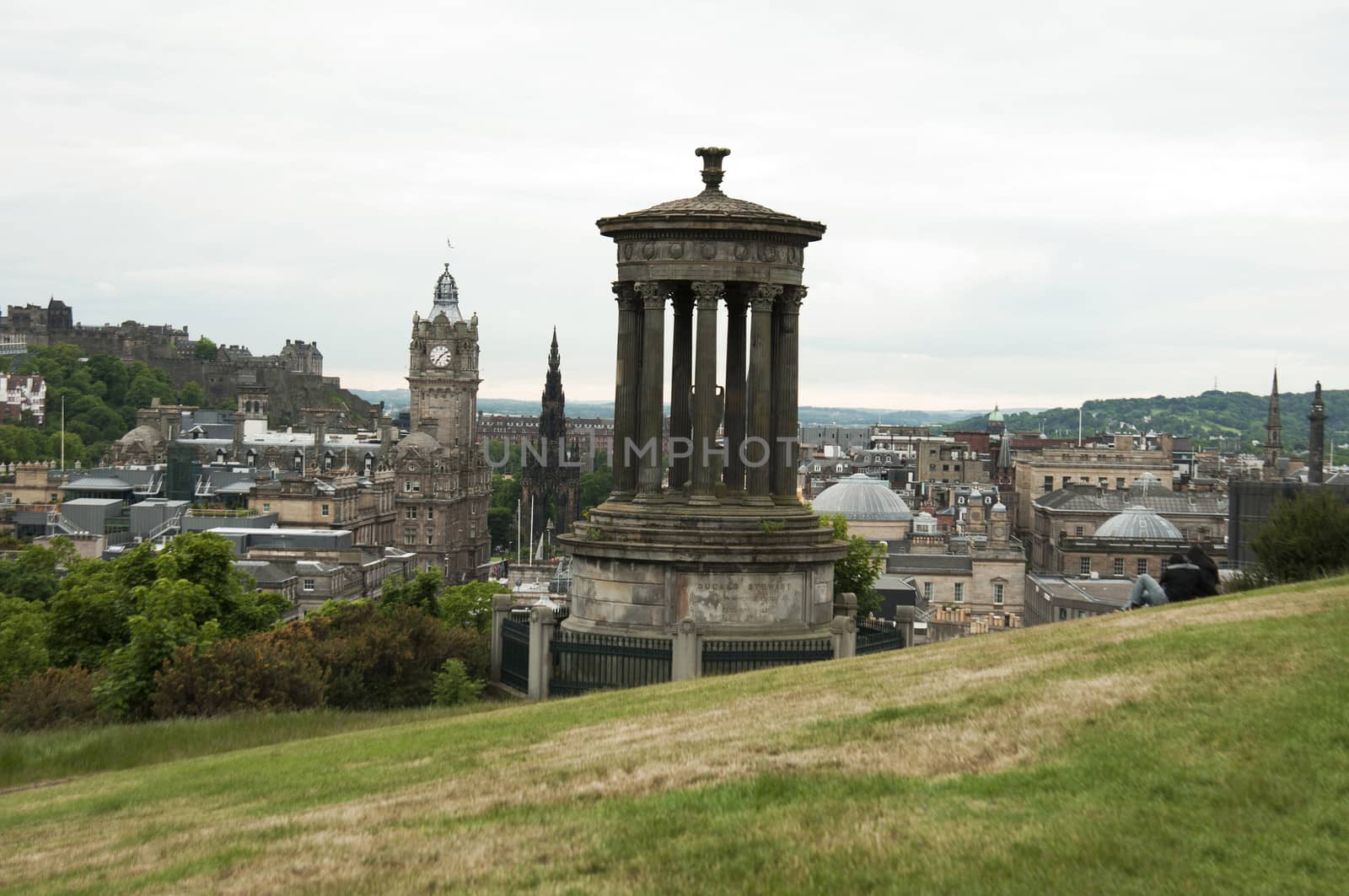 View over Edinburgh, with the Dugald Stewart Monument in the foreground