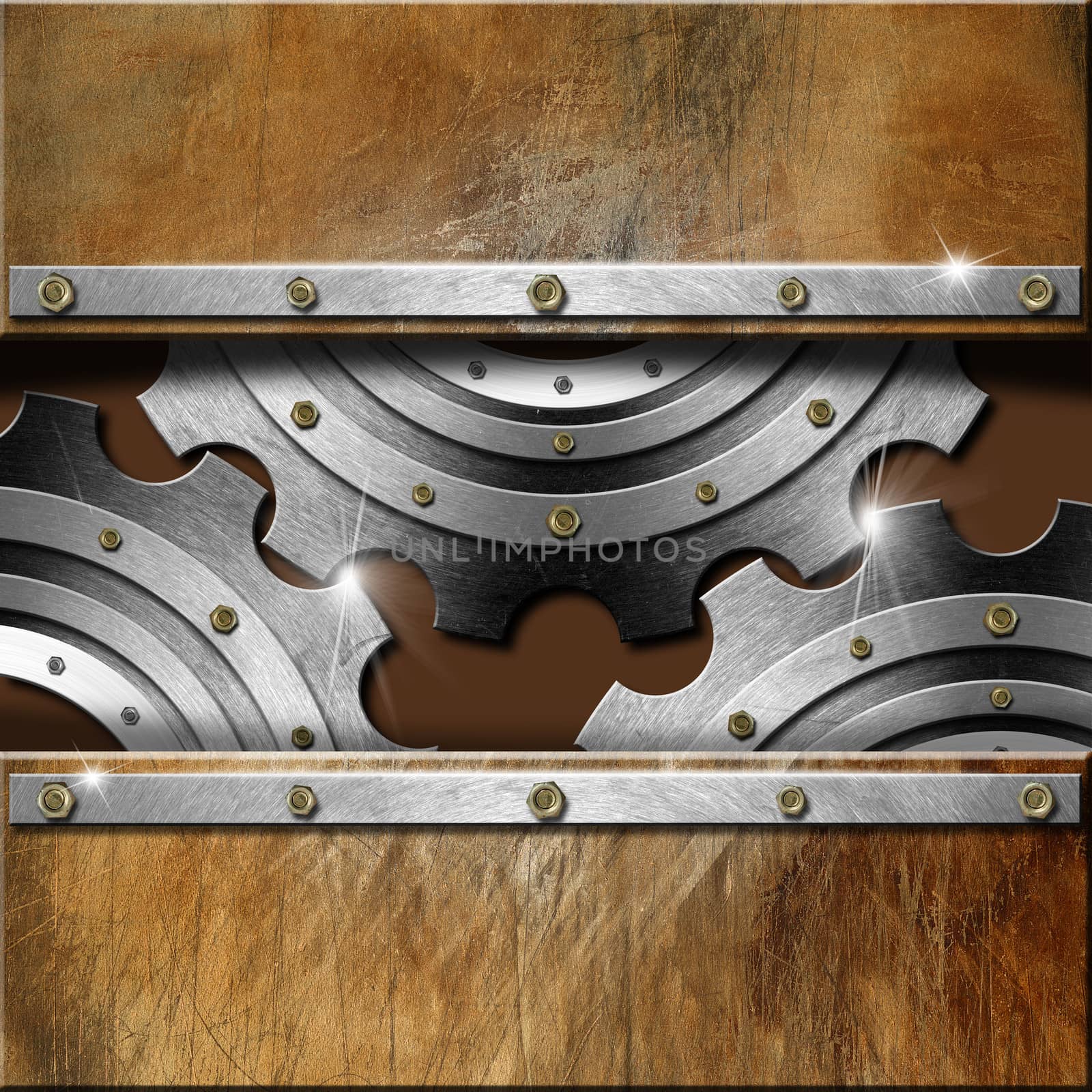 Mechanical template with metallic gears on brown grunge background
