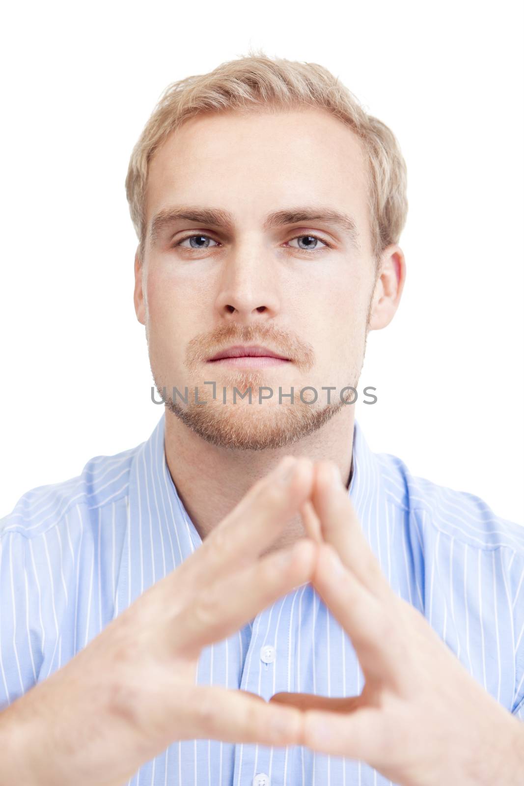 young man sitting thinking, contemplating - isolated on white