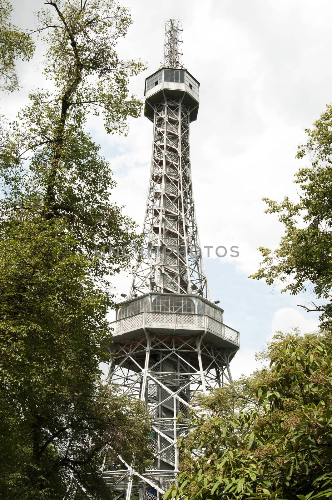 The Petrin Lookout Tower is a 63.5 metre high steel framework tower in Prague, which strongly resembles the Eiffel Tower. Although it is much shorter than the Eiffel Tower, it stands at the top a sizable hill.