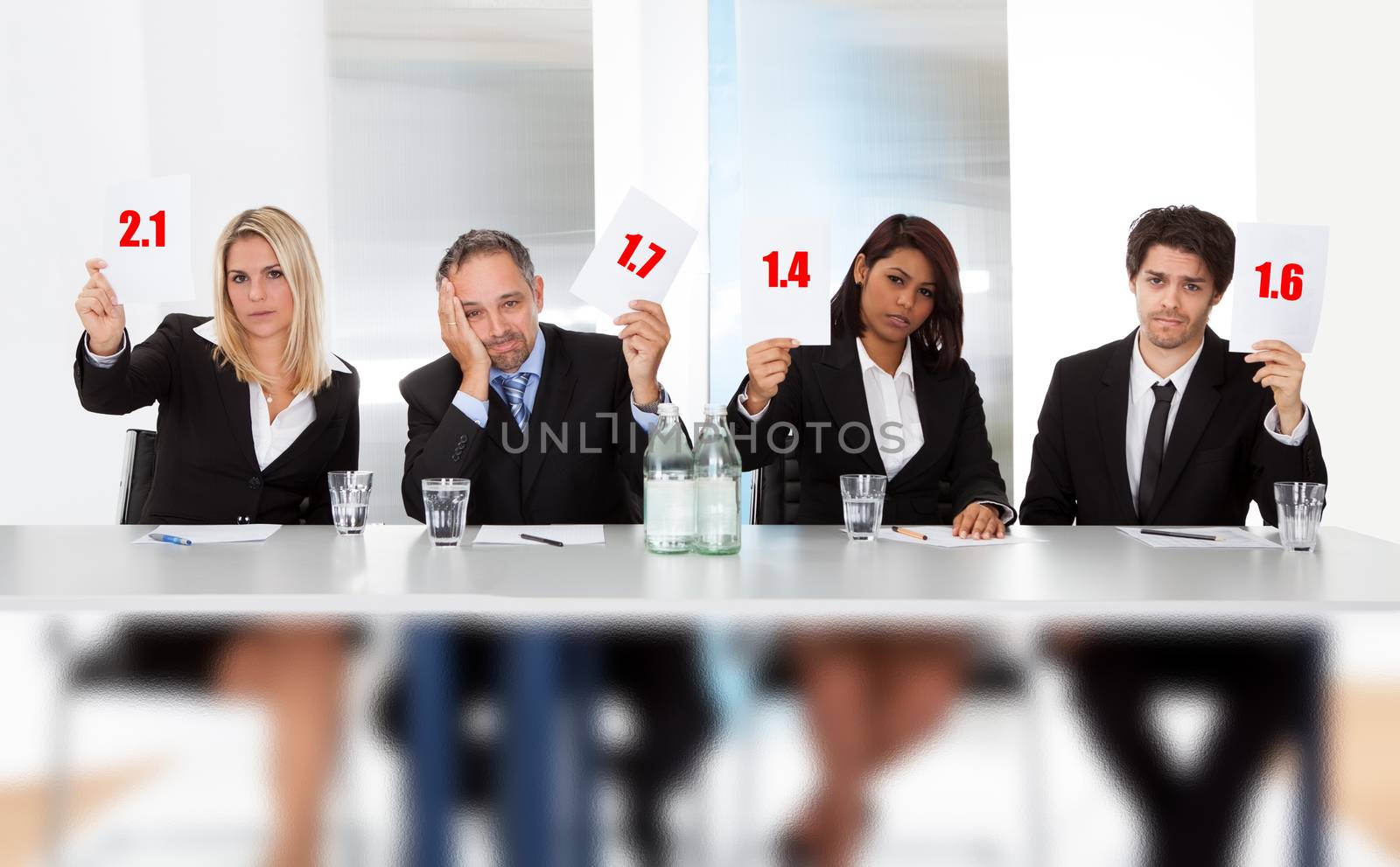 Group of panel judges holding bad score signs