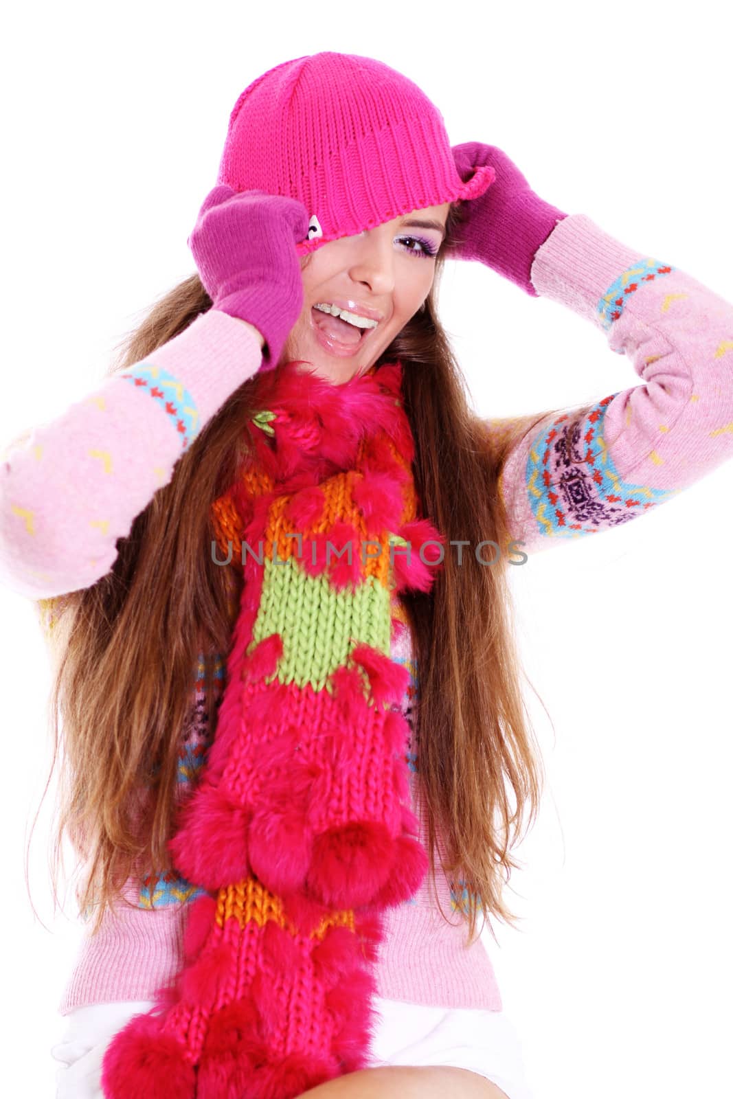 portrait of a beautiful happy woman in a knitted jacket