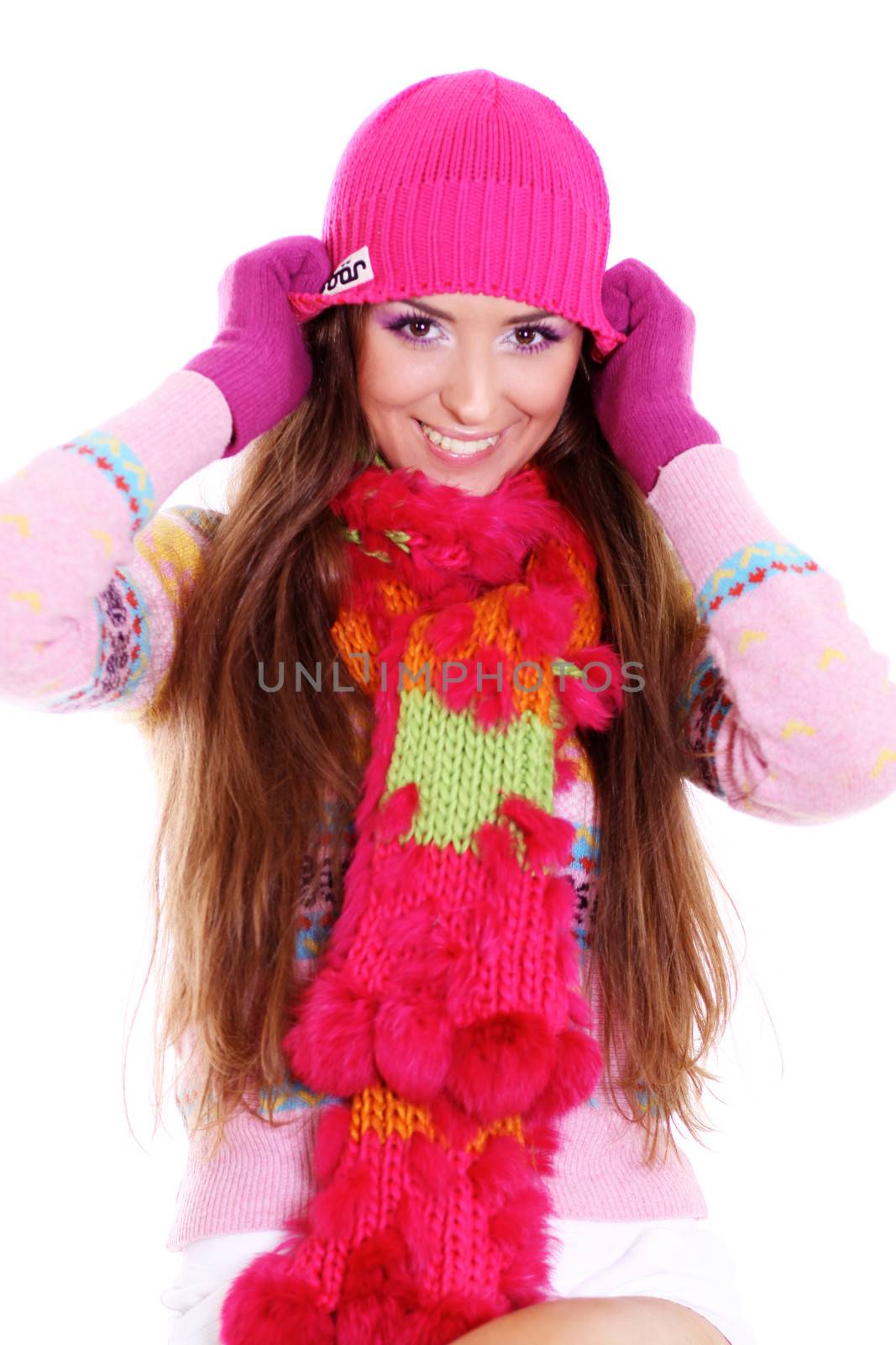 portrait of a beautiful happy woman in a knitted jacket