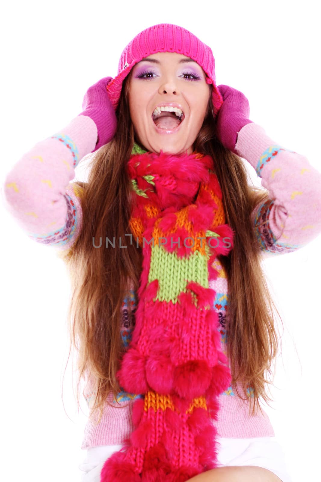 portrait of a beautiful happy woman in a knitted jacket