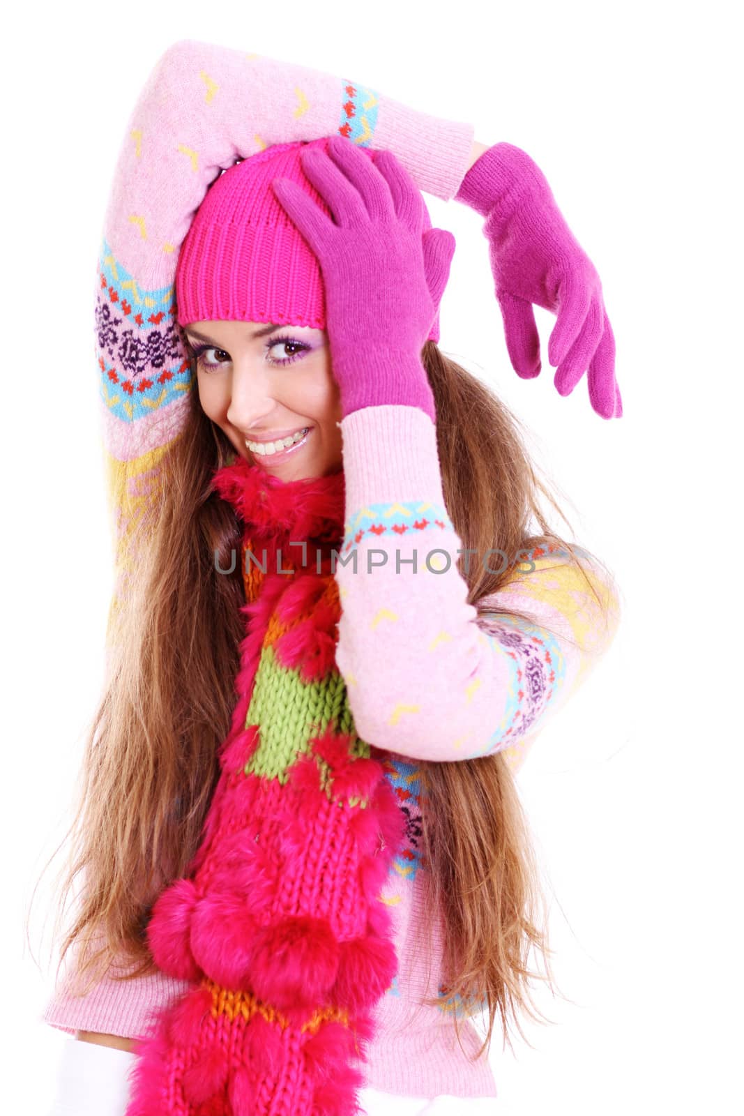 portrait of a beautiful happy woman in a knitted jacket