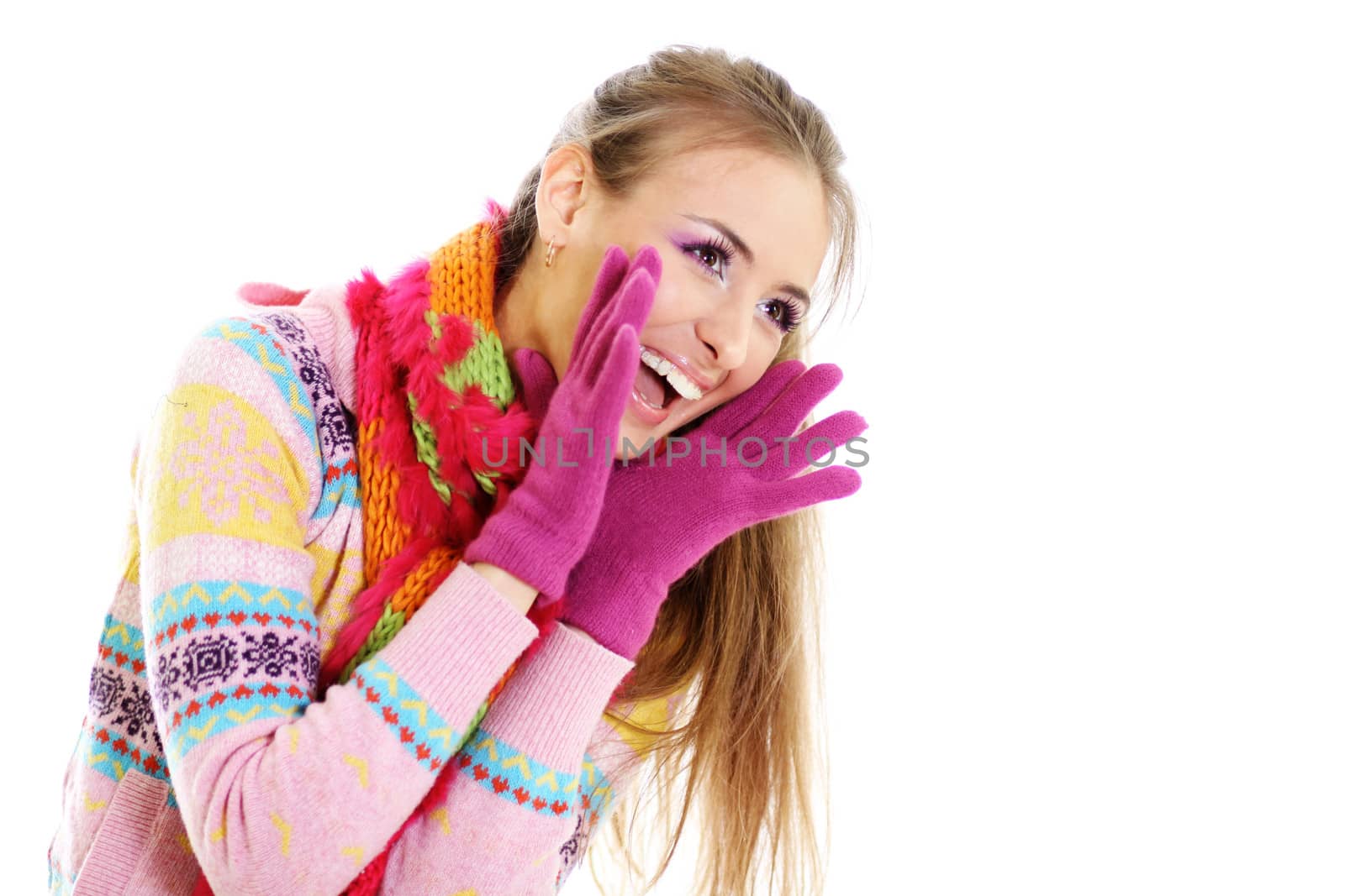 portrait of a beautiful happy woman in a knitted jacket