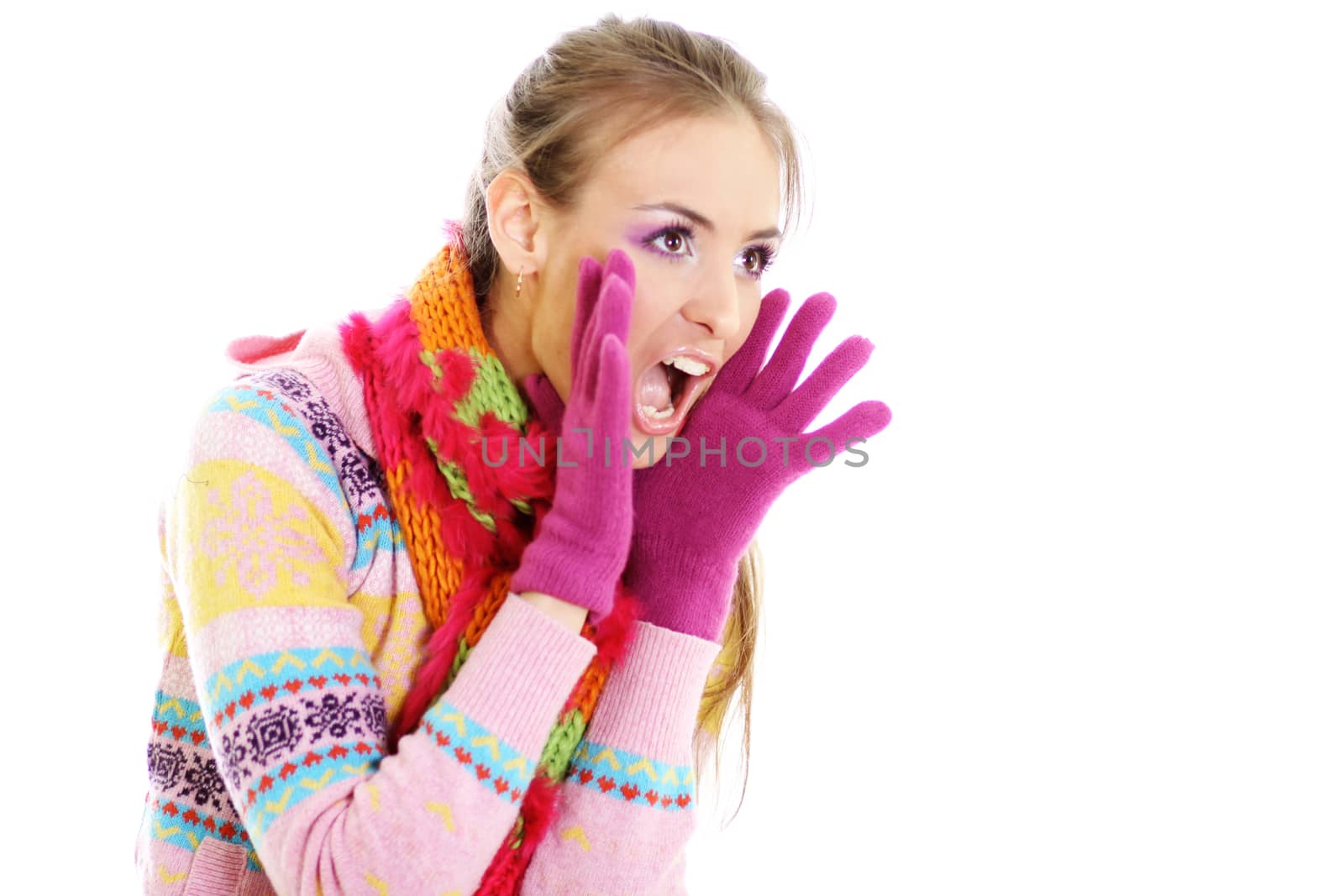 portrait of a beautiful happy woman in a knitted jacket by andersonrise