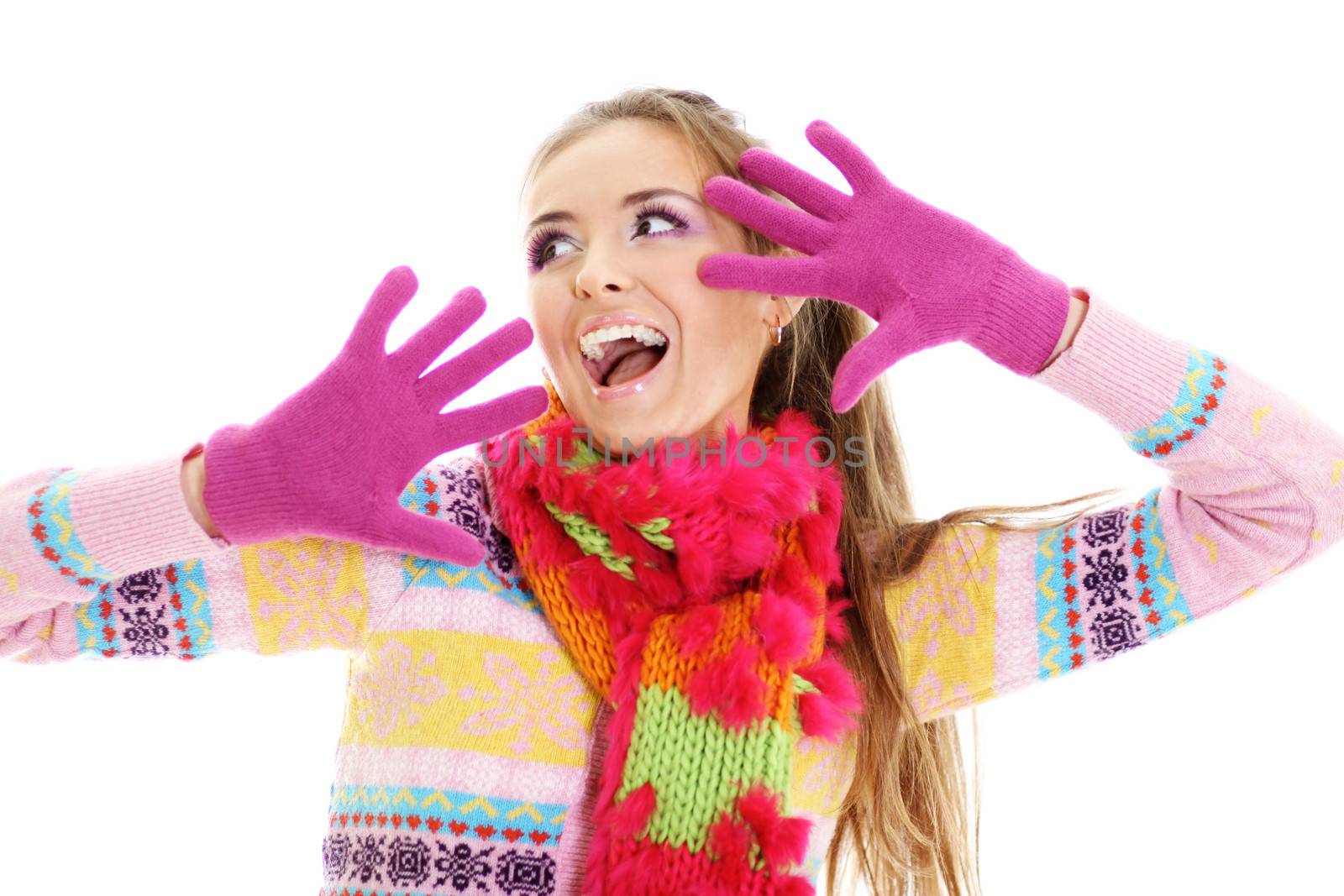 portrait of a beautiful happy woman in a knitted jacket by andersonrise