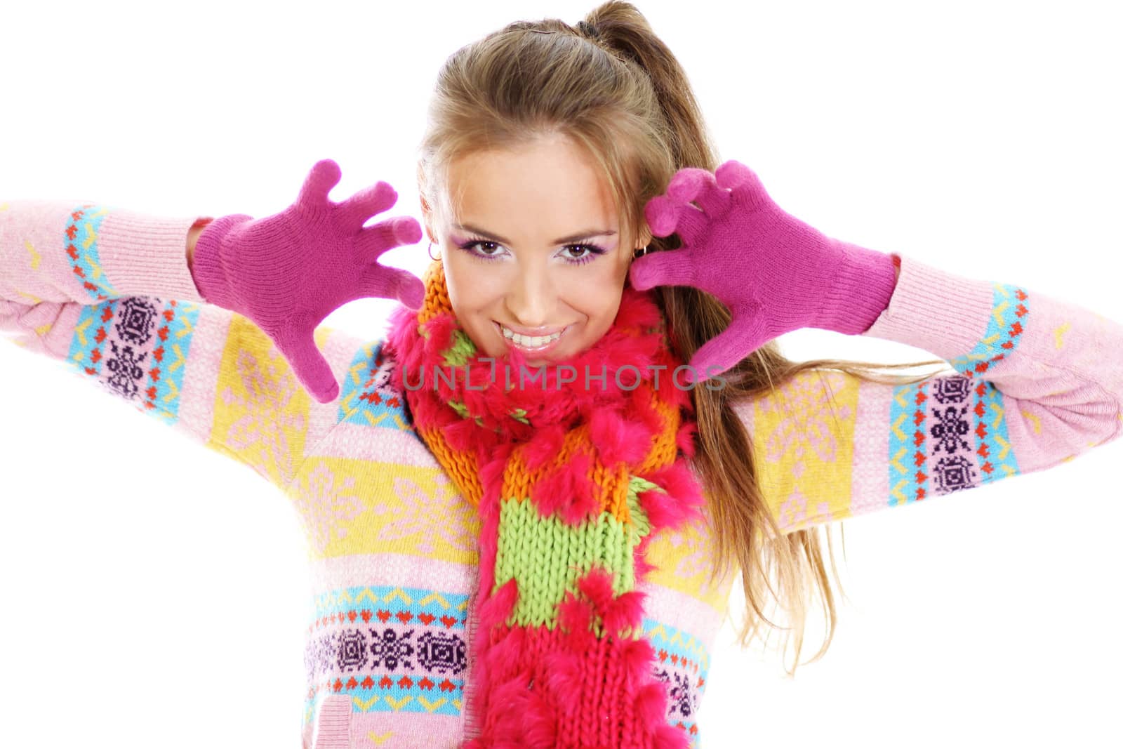 portrait of a beautiful happy woman in a knitted jacket by andersonrise