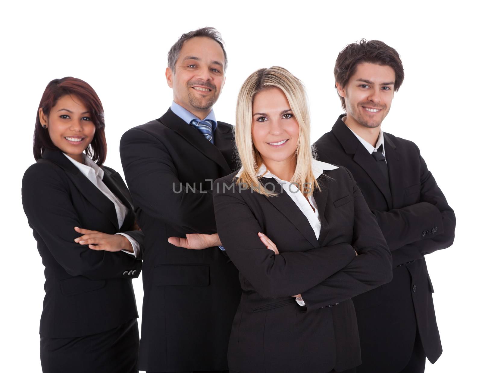 Diverse group of business people confidently standing  together on white background