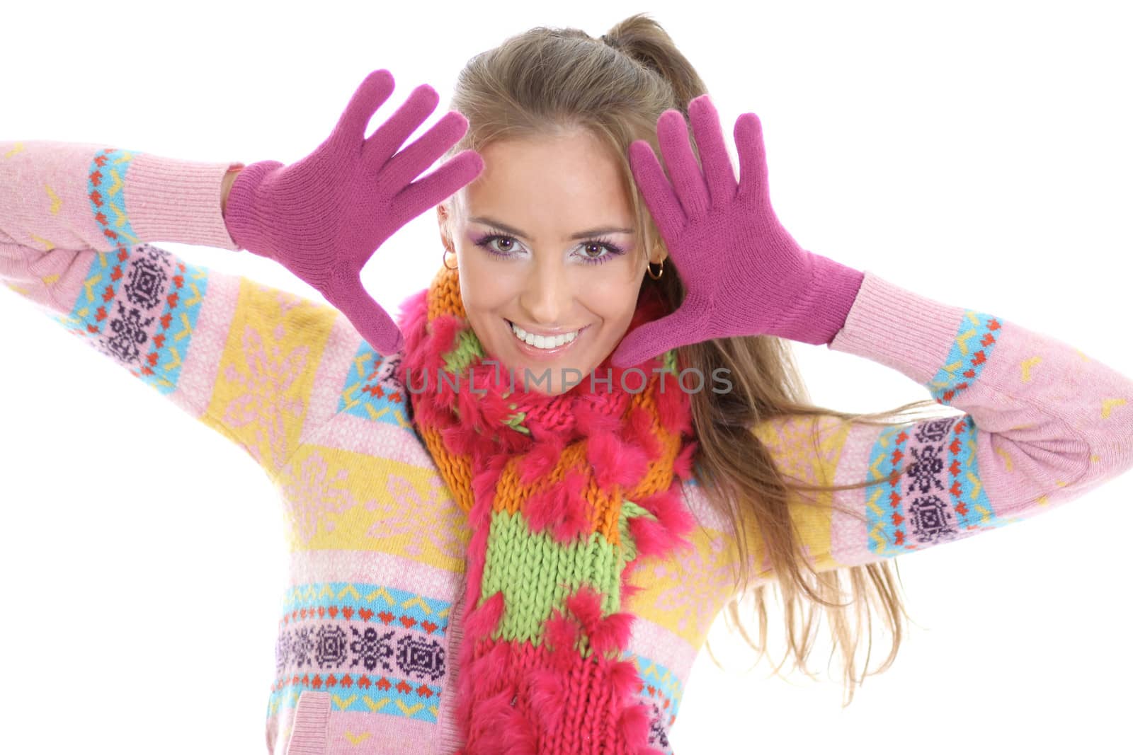 portrait of a beautiful happy woman in a knitted jacket by andersonrise