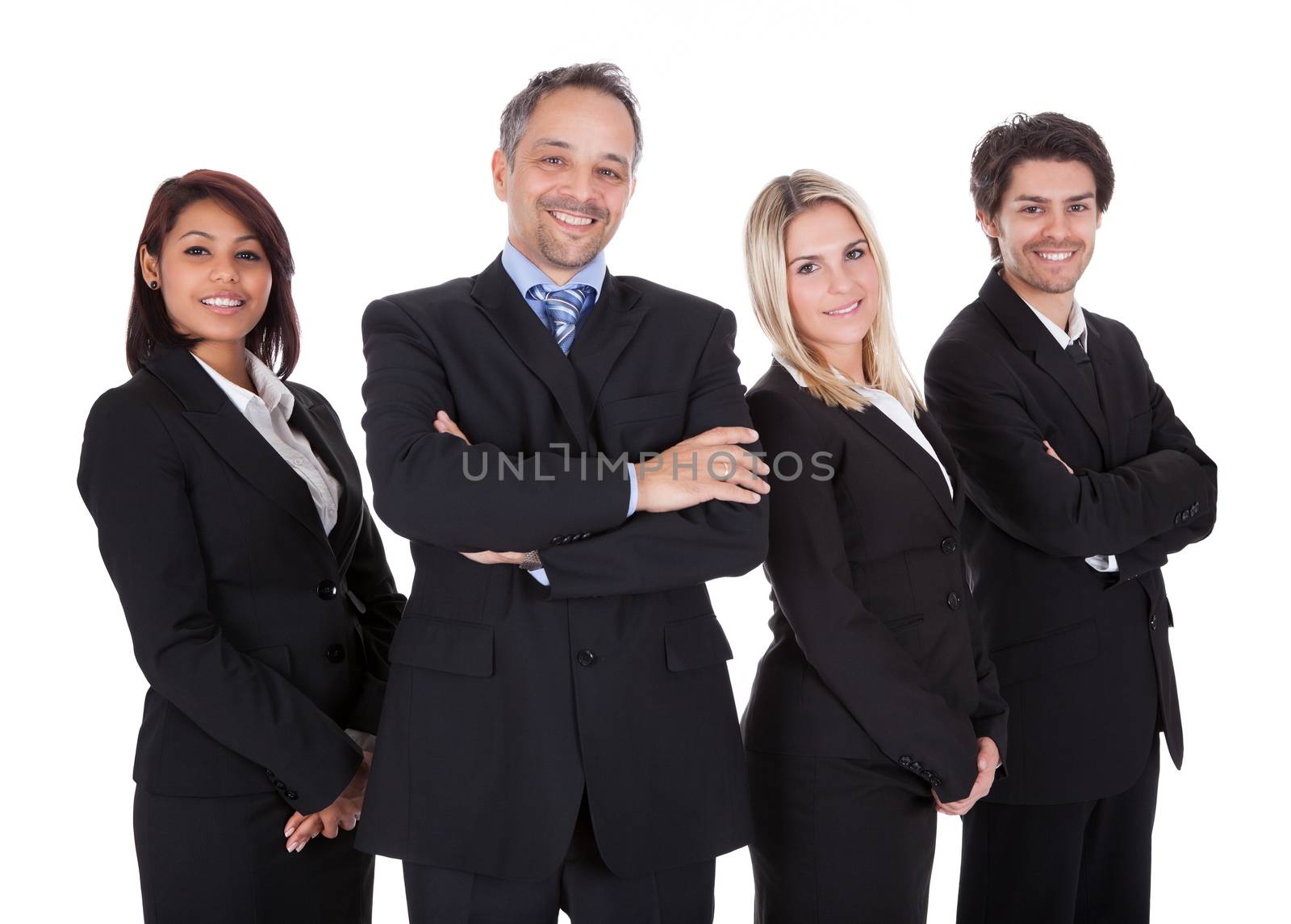 Diverse group of business people confidently standing  together on white background