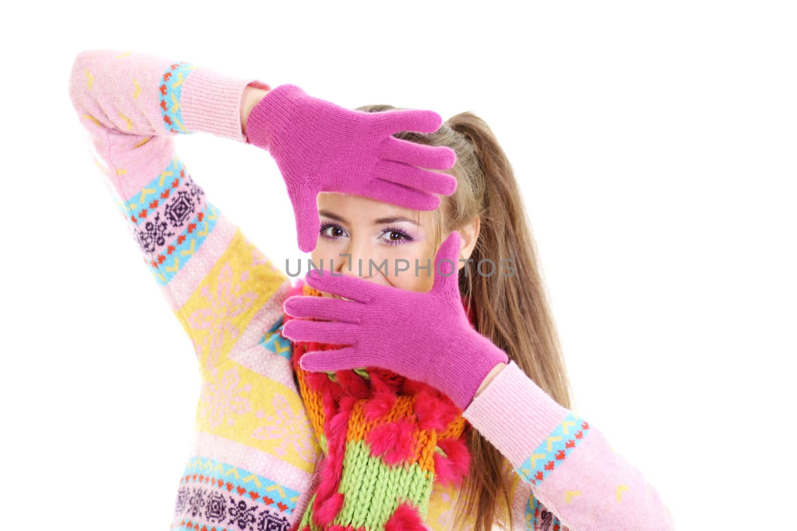 portrait of a beautiful happy woman in a knitted jacket by andersonrise