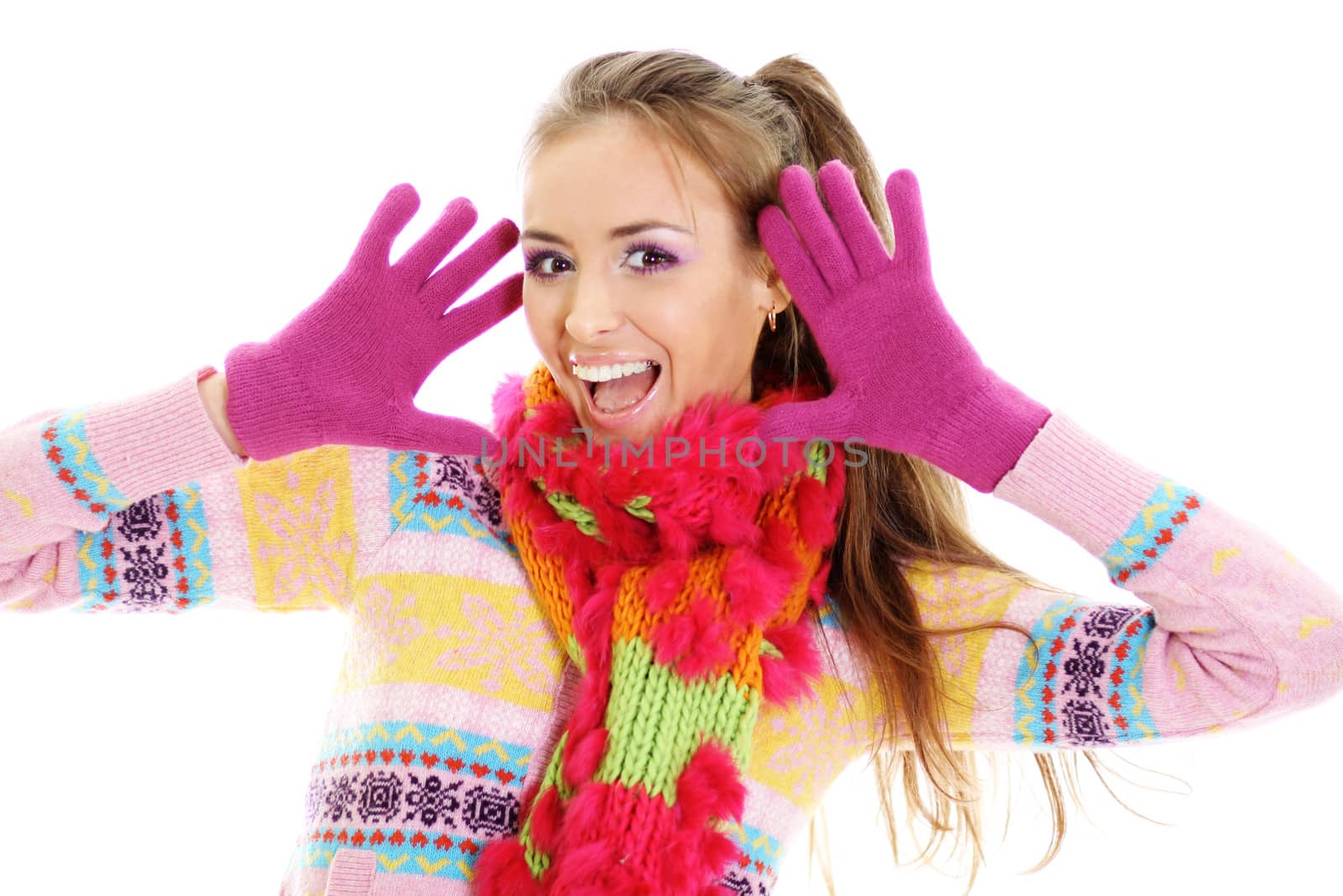 portrait of a beautiful happy woman in a knitted jacket