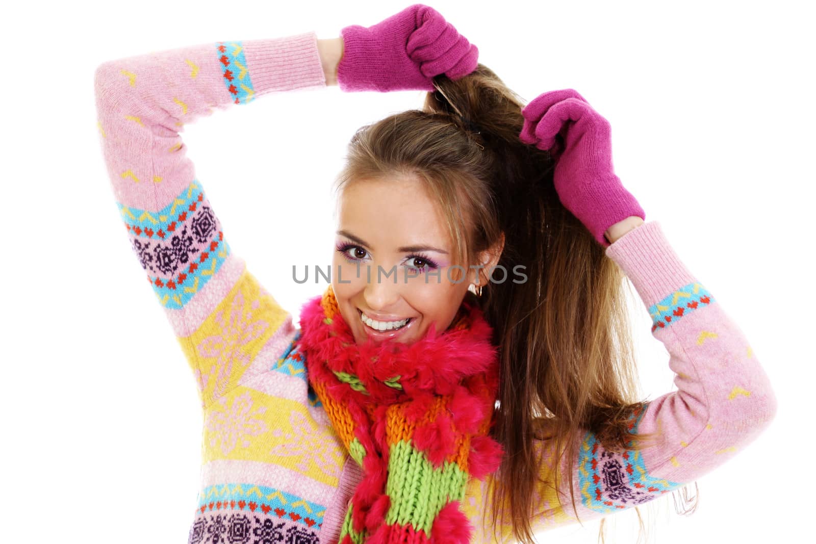 portrait of a beautiful happy woman in a knitted jacket