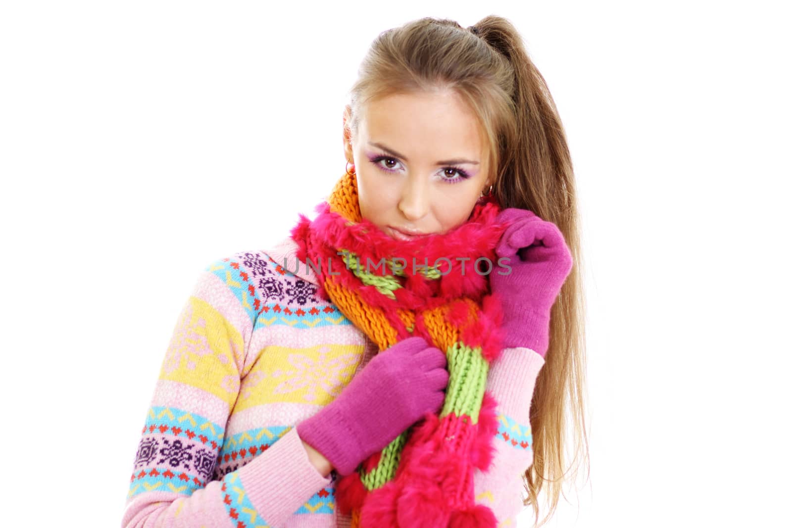 portrait of a beautiful happy woman in a knitted jacket by andersonrise