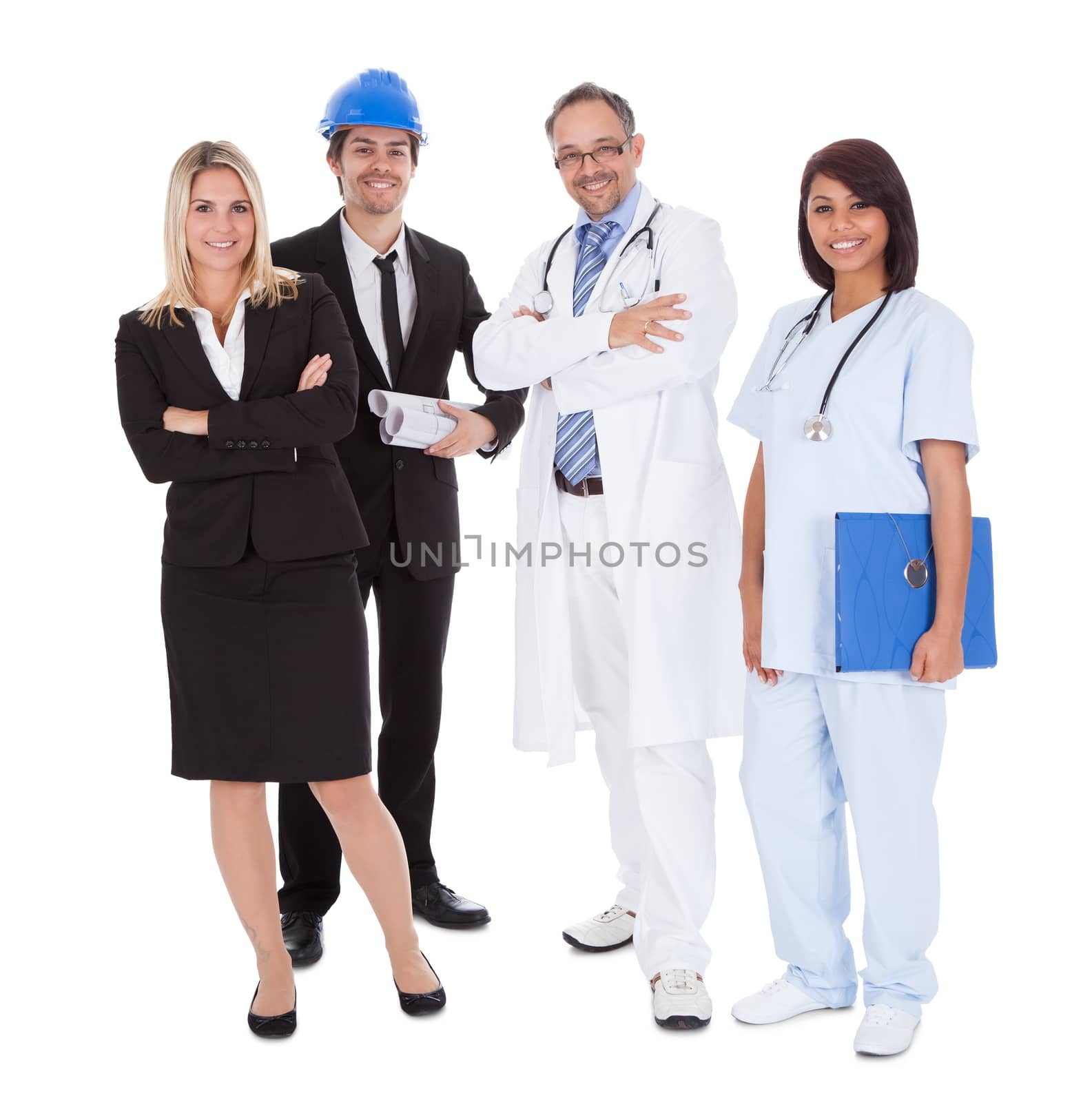 Portrait of happy people of different professions together on white background