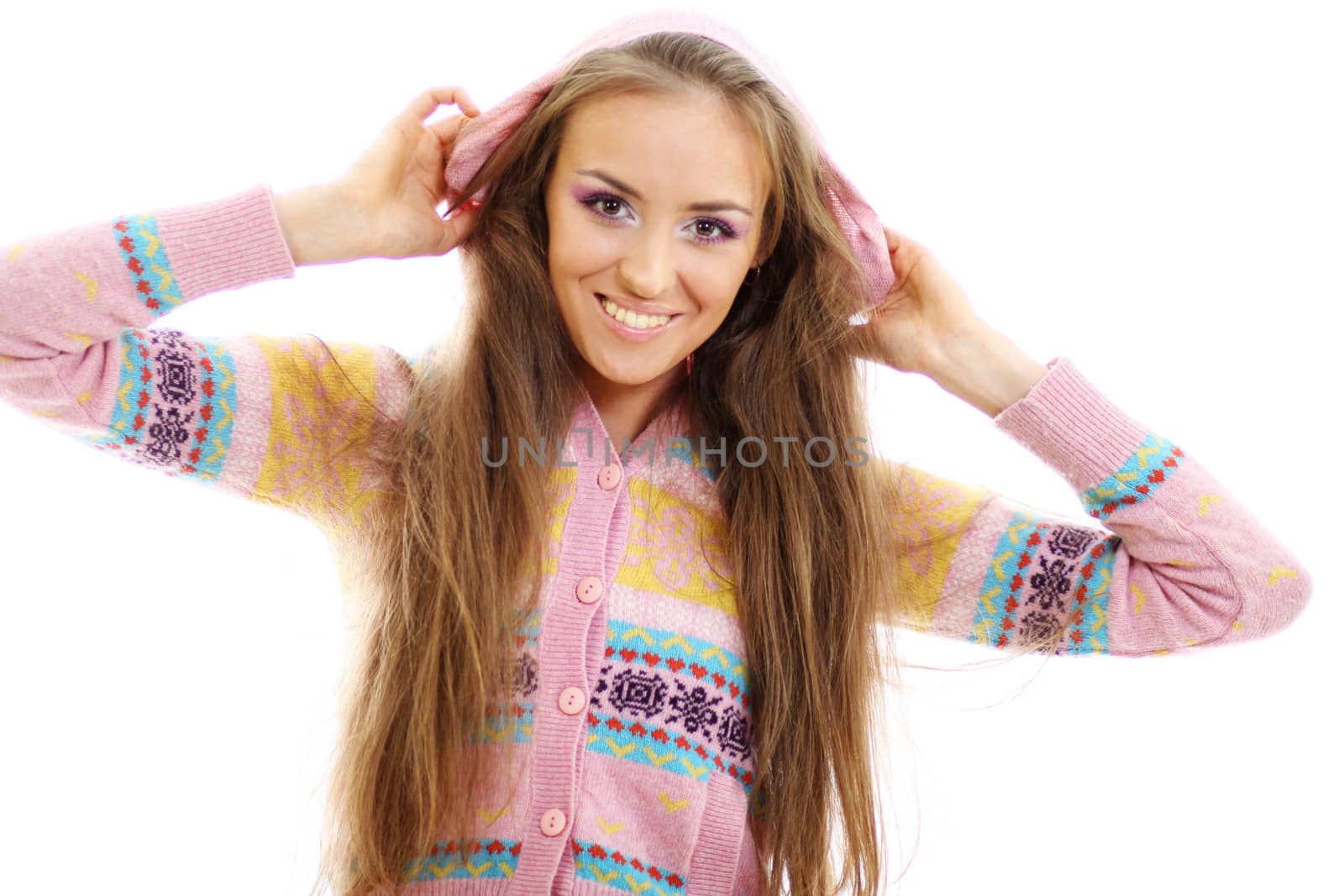 portrait of a beautiful happy woman in a knitted jacket by andersonrise