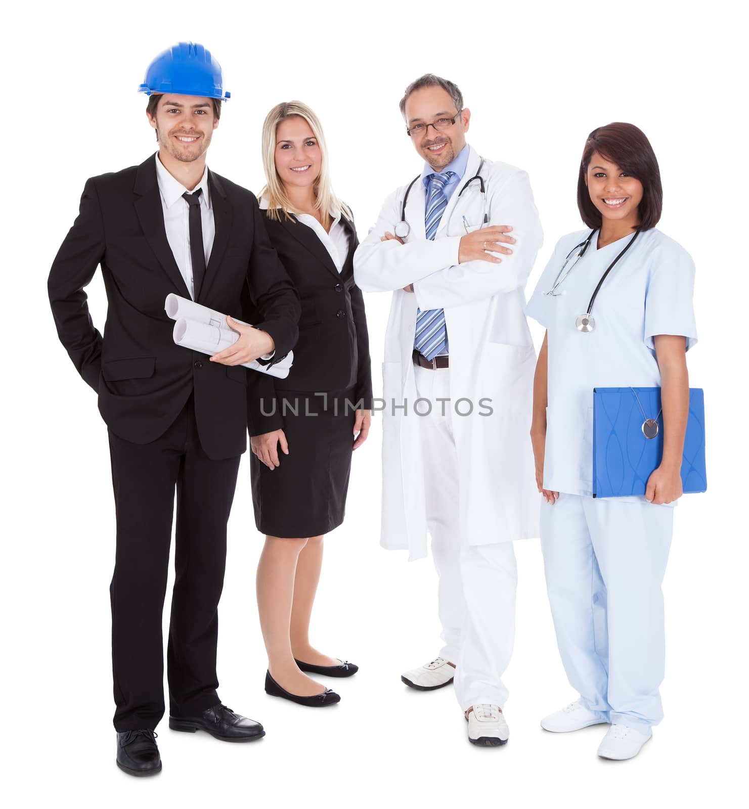 Portrait of happy people of different professions together on white background
