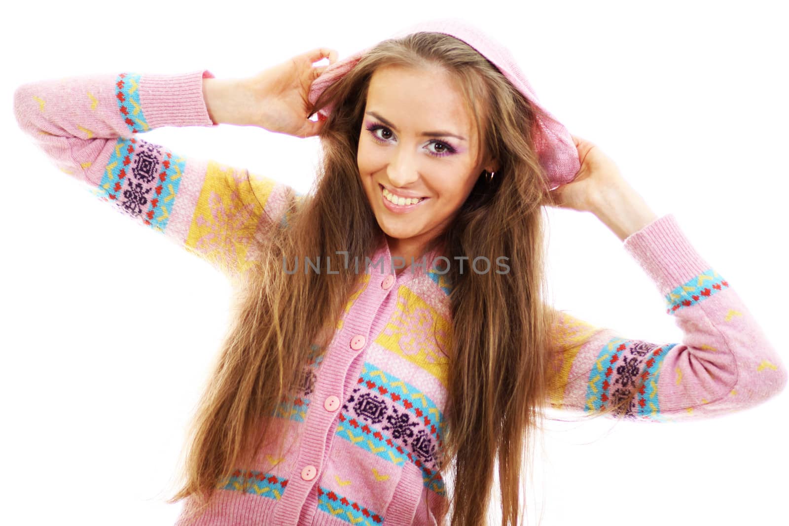 portrait of a beautiful happy woman in a knitted jacket by andersonrise