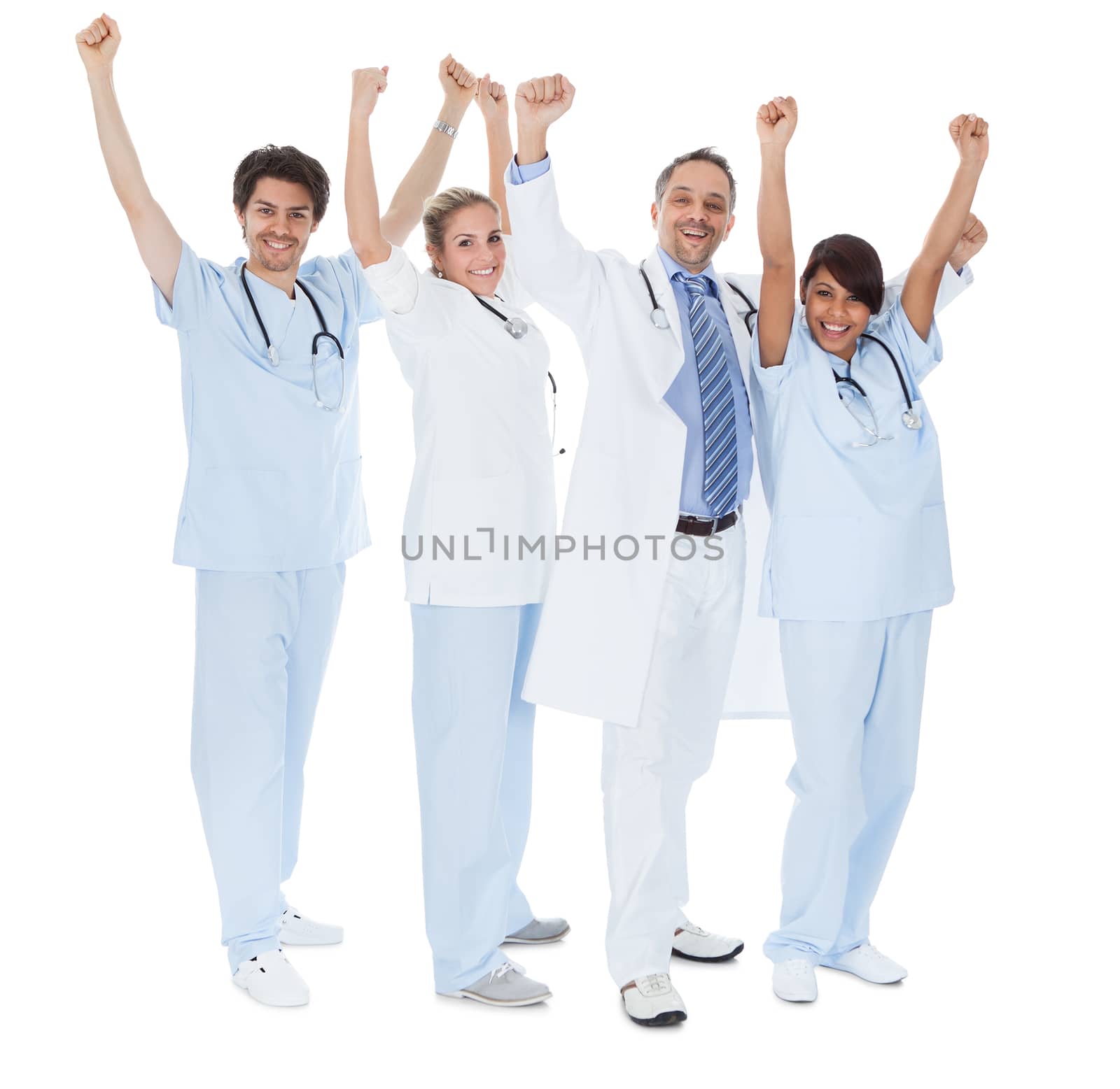 Group of doctors celebrating success. Isolated on white