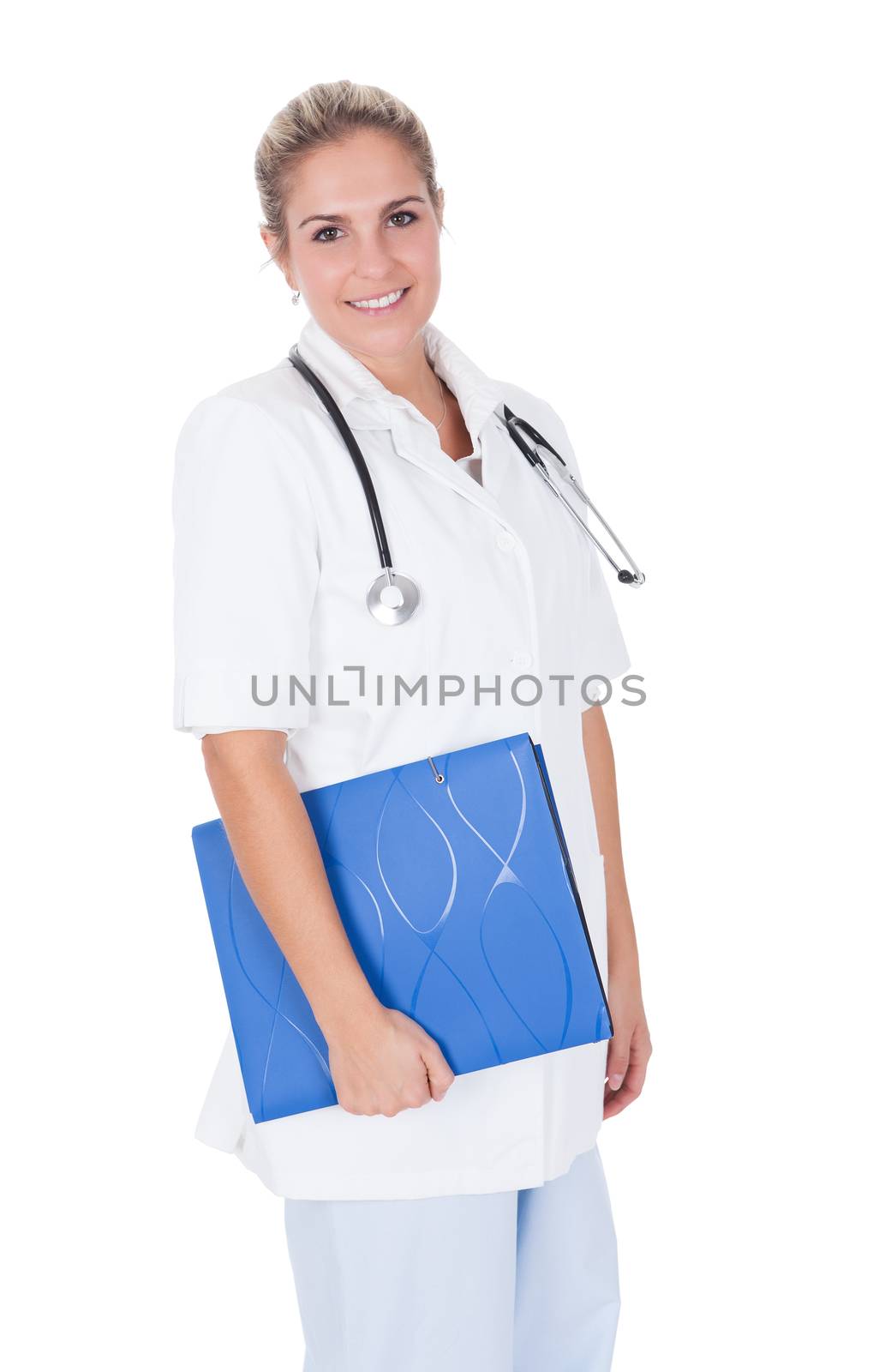 Smiling medical doctor woman with stethoscope. Isolated on white