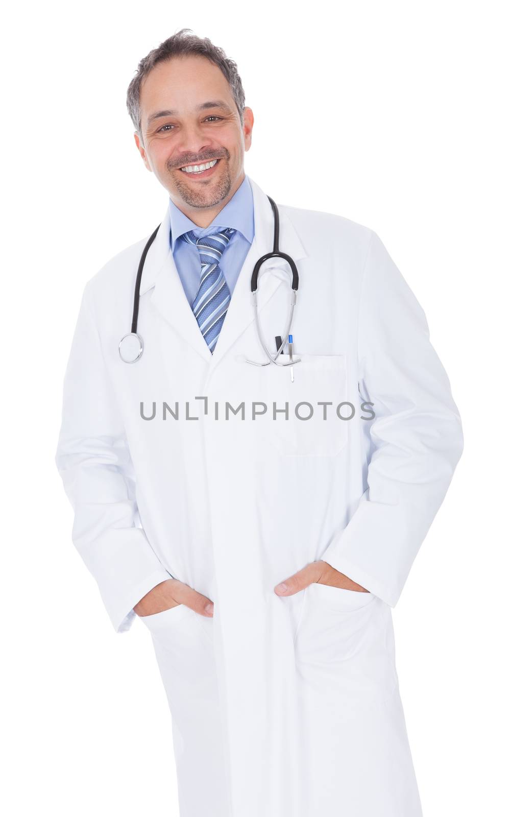 Smiling medical doctor man with stethoscope. Isolated on white