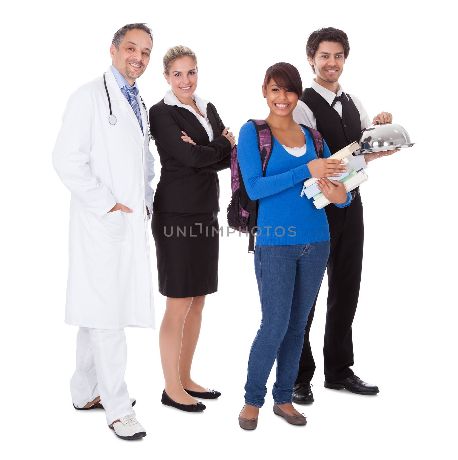 Diverse group of smiling workers. Isolated on white