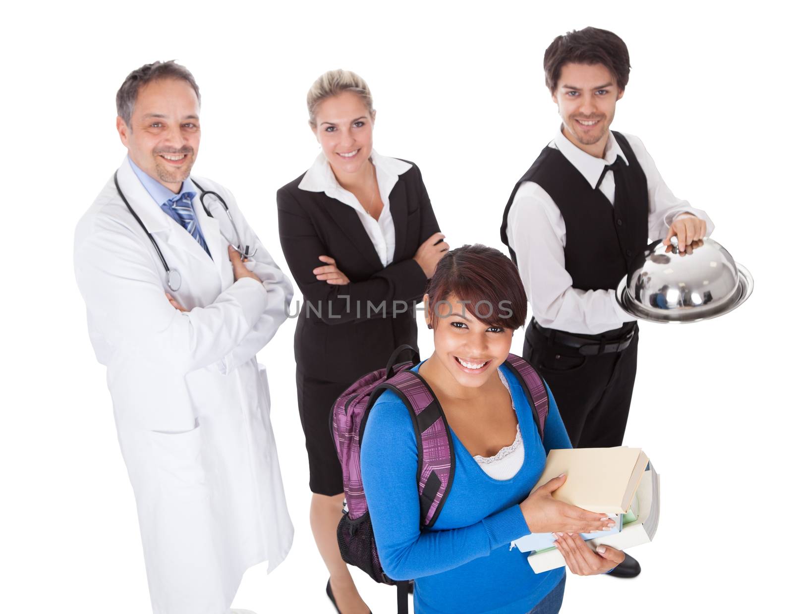 Diverse group of smiling workers. Isolated on white