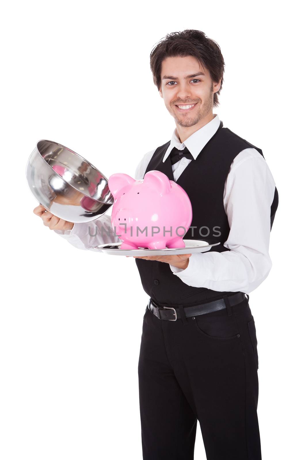 Portrait of a butler with piggybank on a tray. Isolated on white