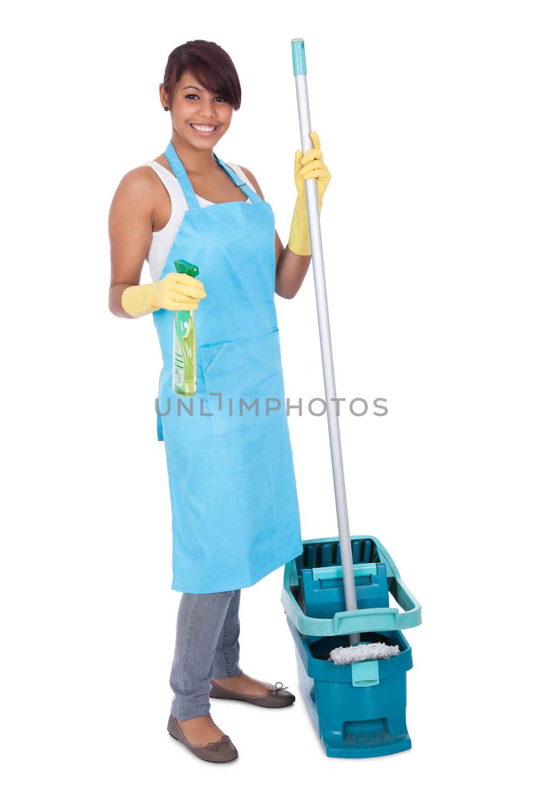 Cheerful woman having fun while cleaning. Isolated on white