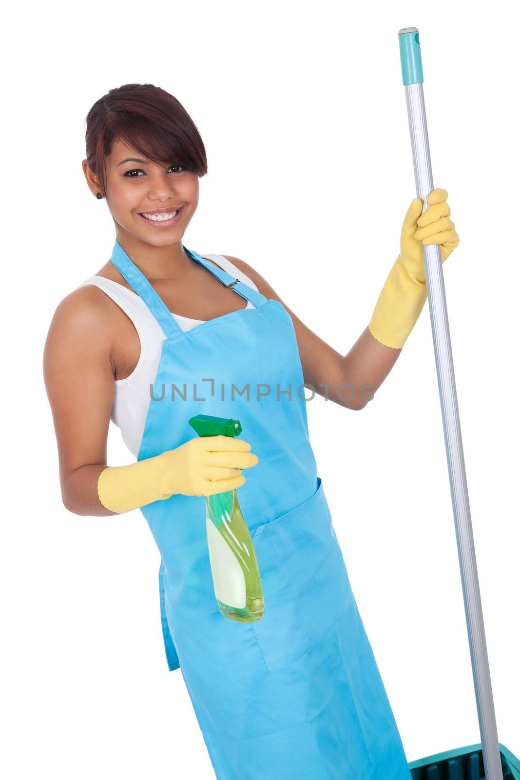 Cheerful woman having fun while cleaning. Isolated on white