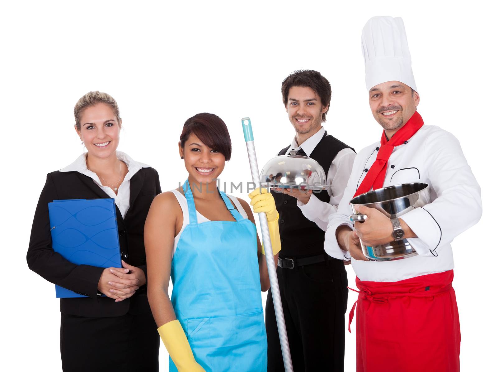 Diverse group of smiling workers. Isolated on white