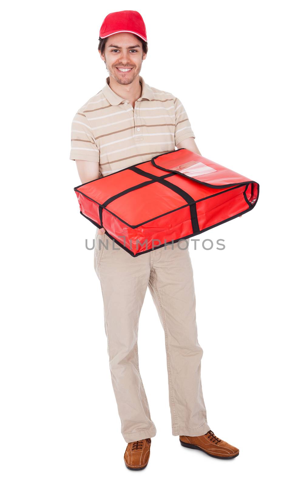 Pizza delivery boy with thermal bag. Isolated on white