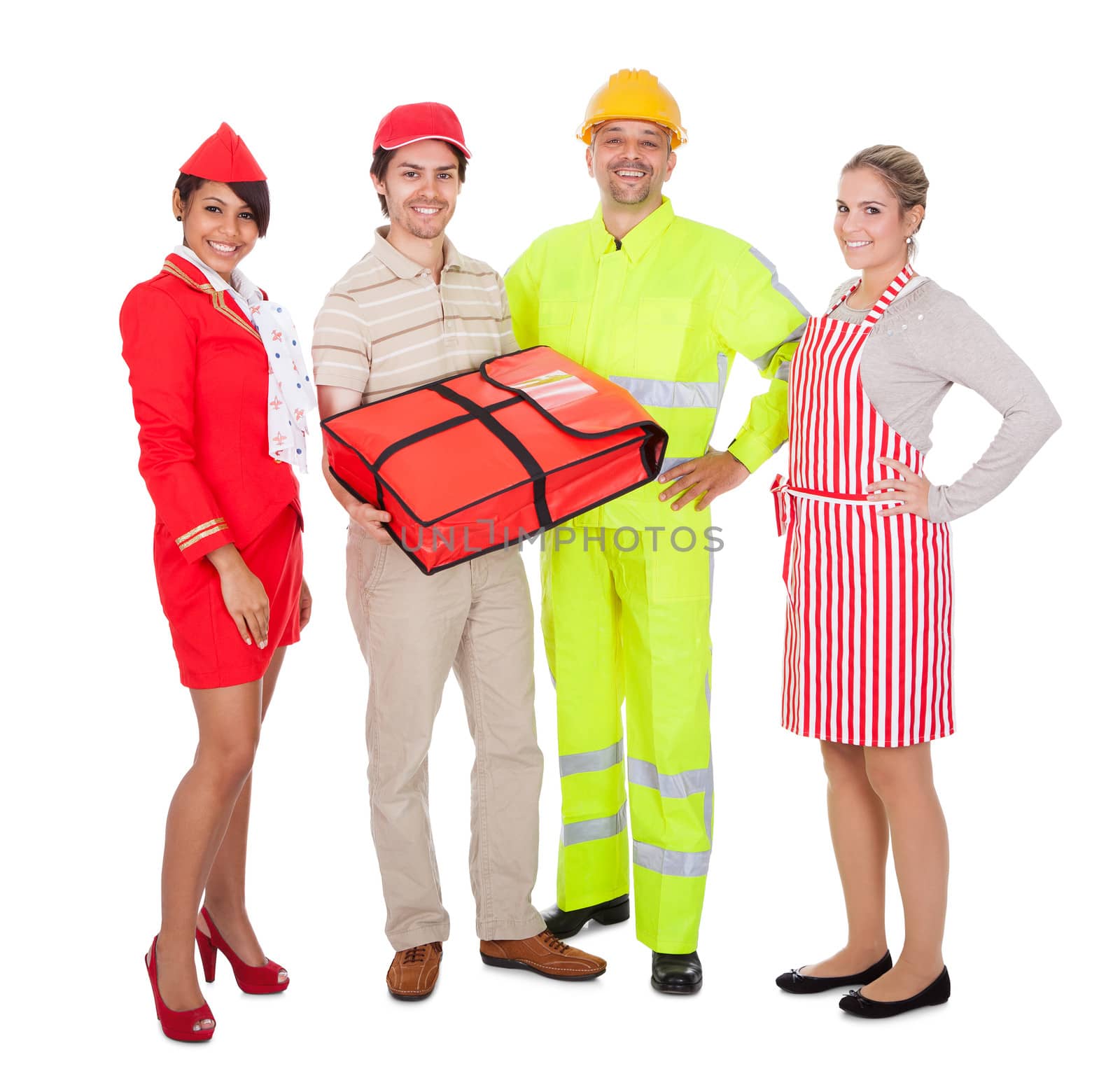 Diverse group of smiling workers. Isolated on white